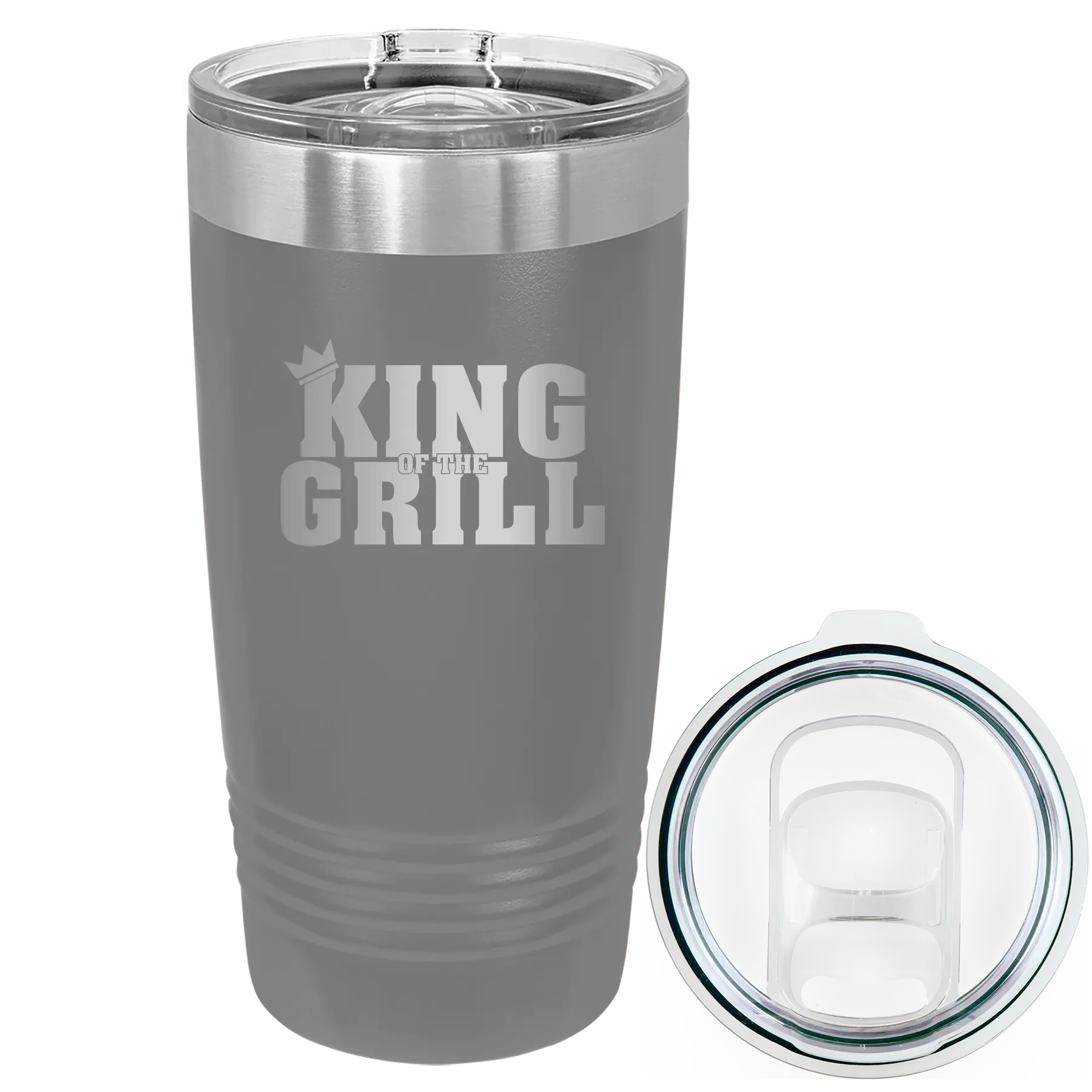 Laser etched dark gray 20 oz vacuum insulated tumbler with 'King of the Grill' design