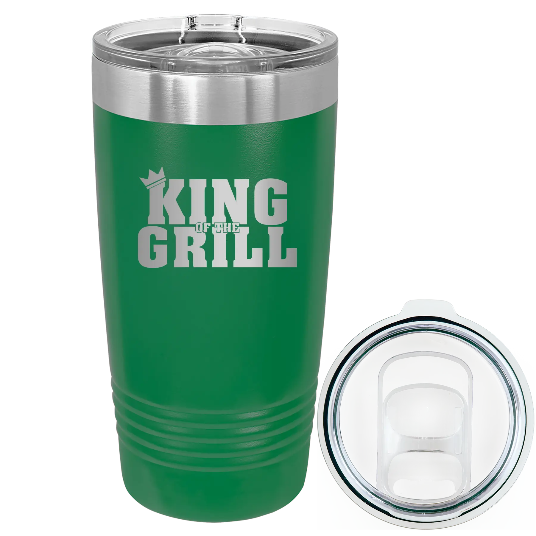 Laser etched green 20 oz vacuum insulated tumbler with 'King of the Grill' design