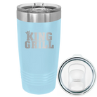 Laser etched light blue 20 oz vacuum insulated tumbler with 'King of the Grill' design