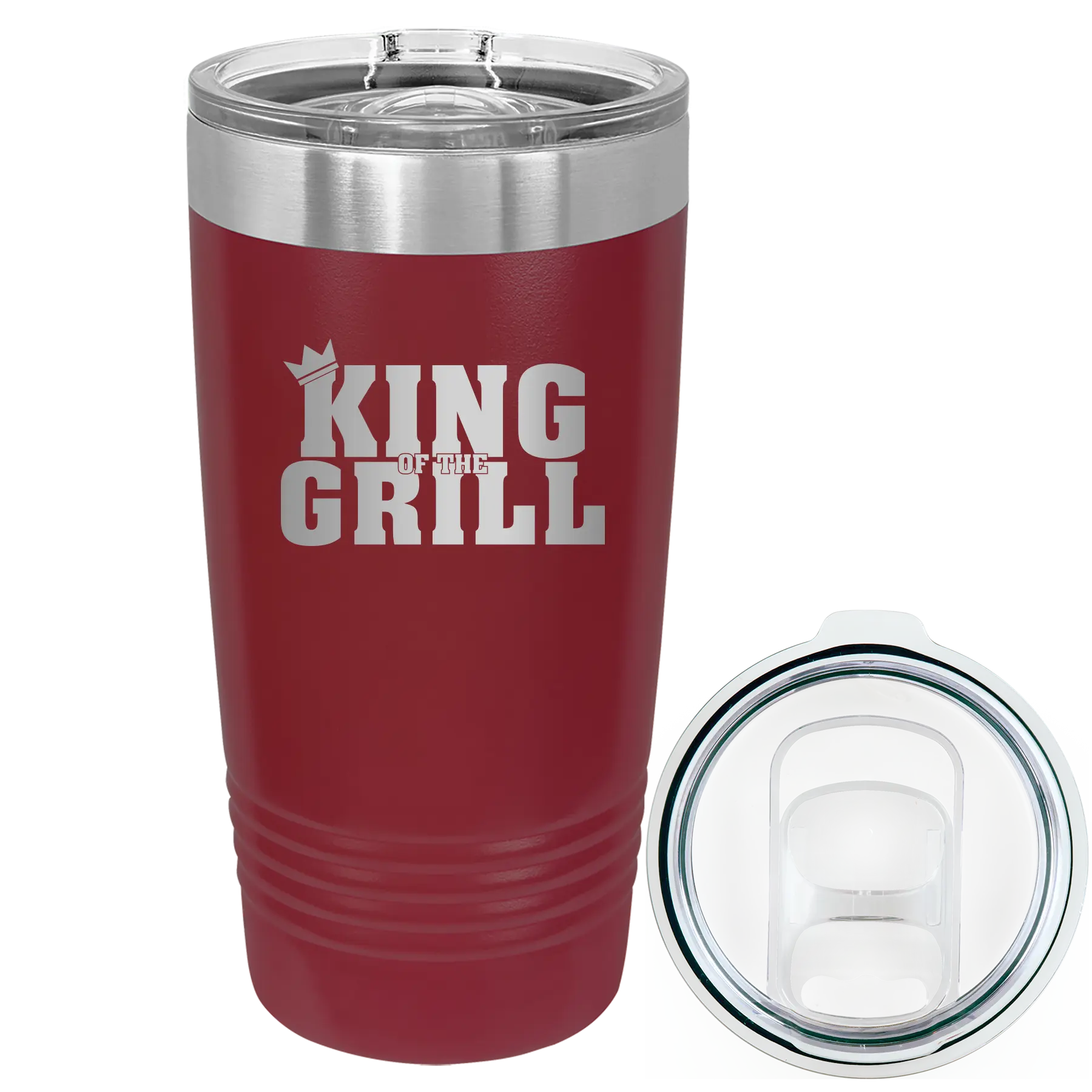 Laser etched maroon 20 oz vacuum insulated tumbler with 'King of the Grill' design