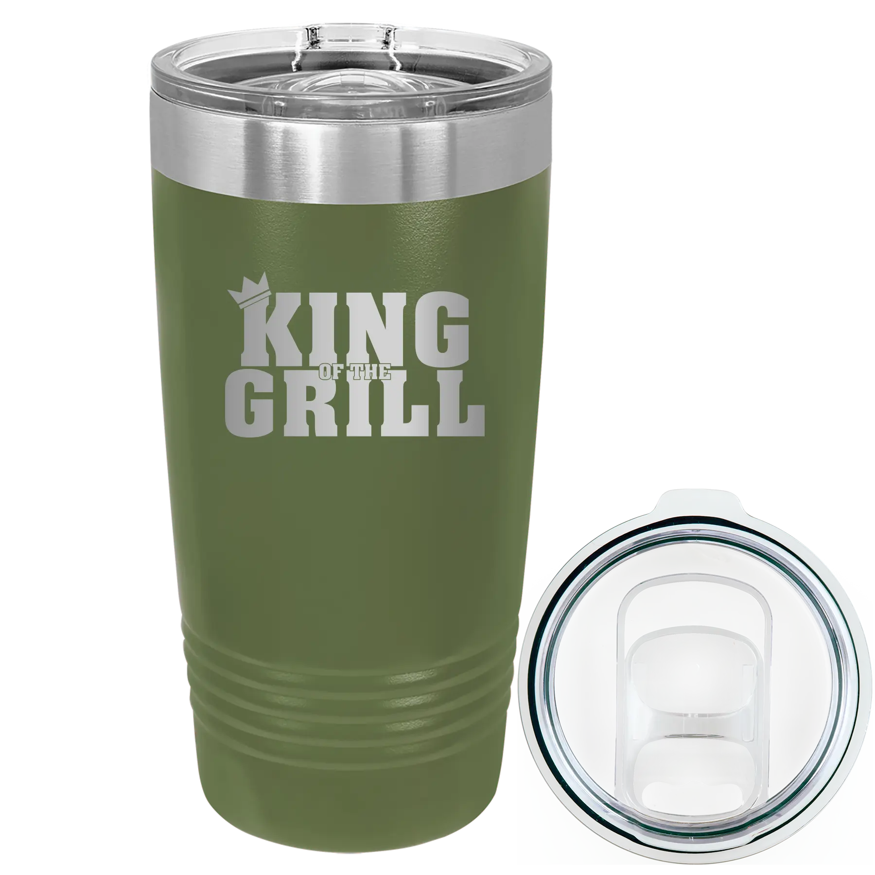 Laser etched olive green 20 oz vacuum insulated tumbler with 'King of the Grill' design