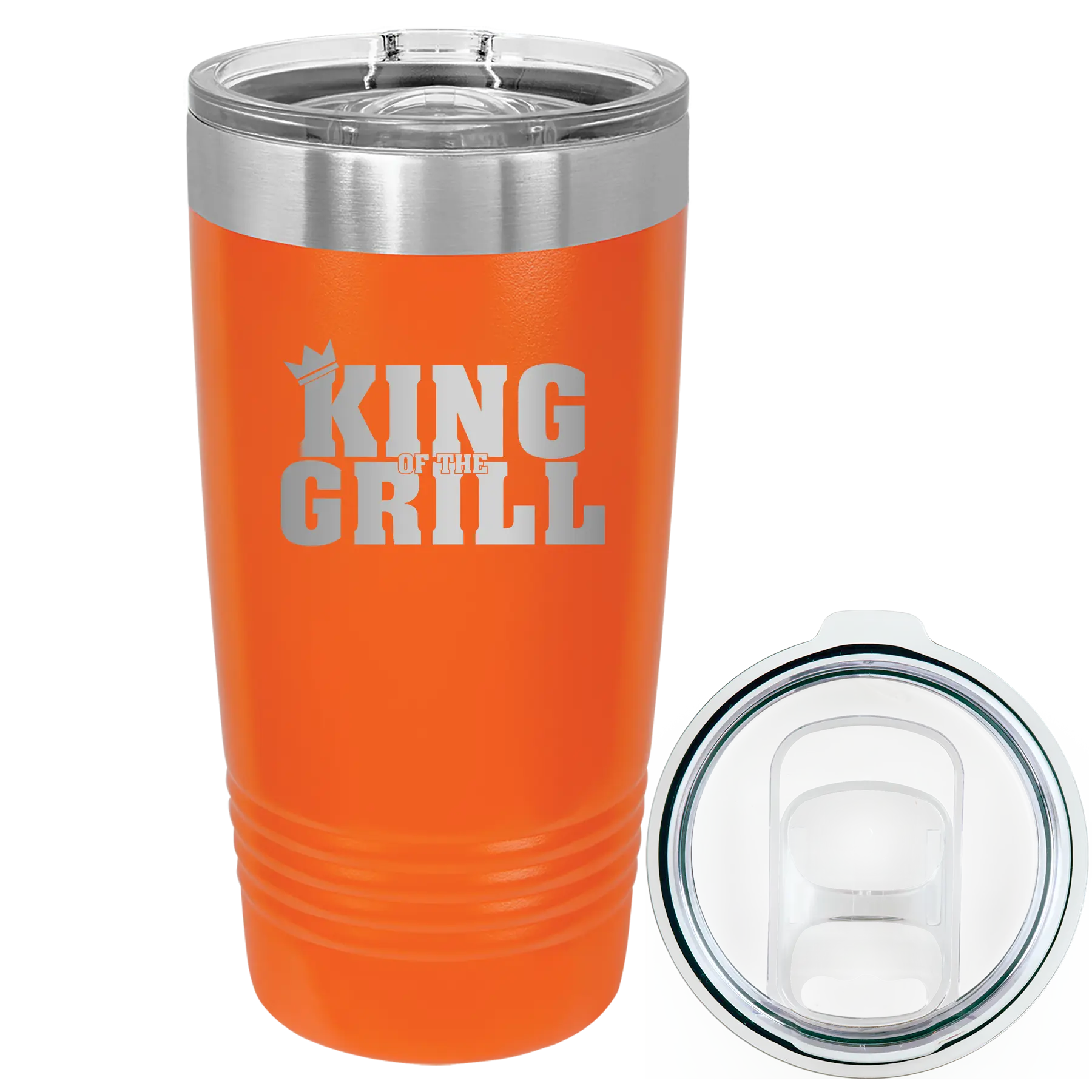 Laser etched orange 20 oz vacuum insulated tumbler with 'King of the Grill' design
