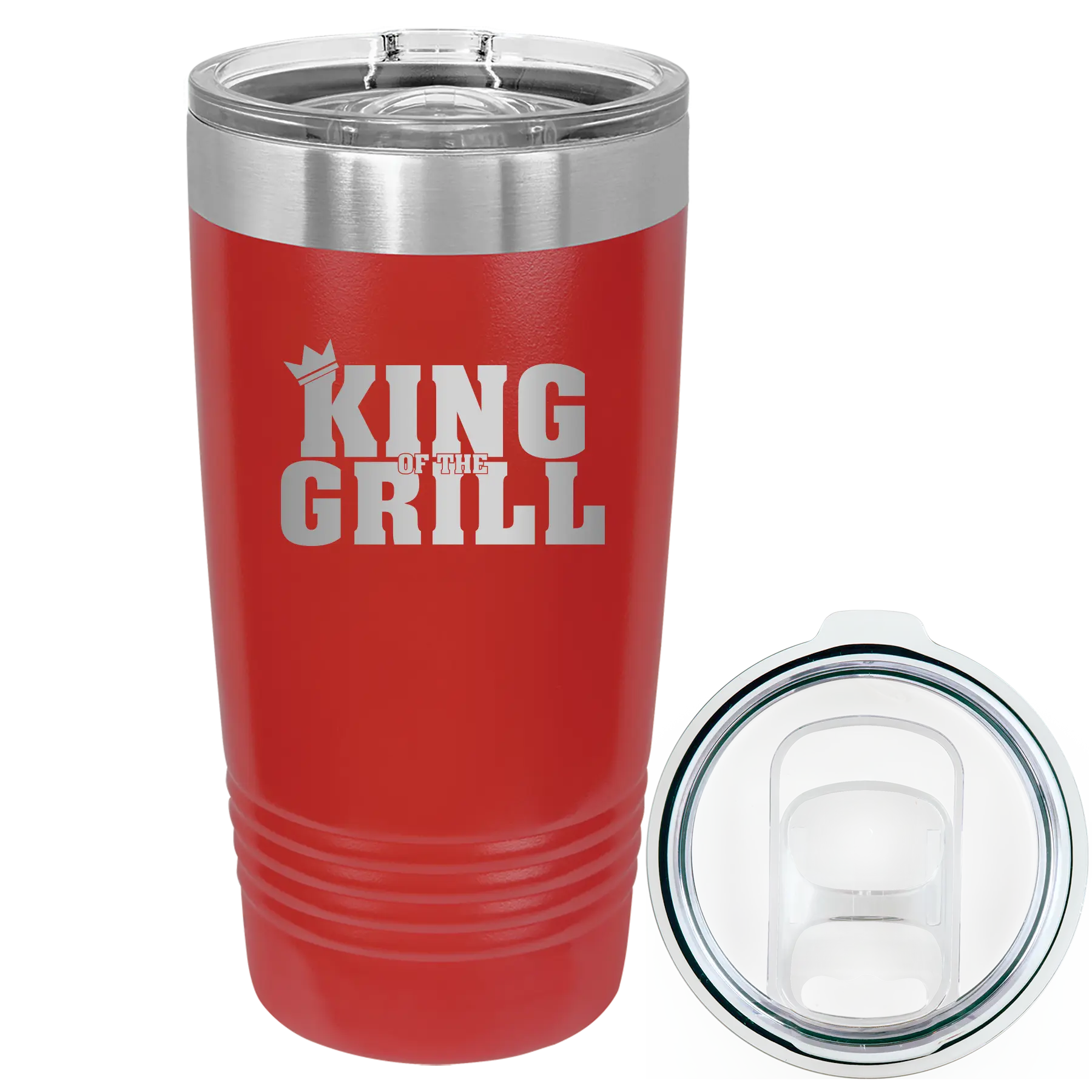 Laser etched red 20 oz vacuum insulated tumbler with 'King of the Grill' design
