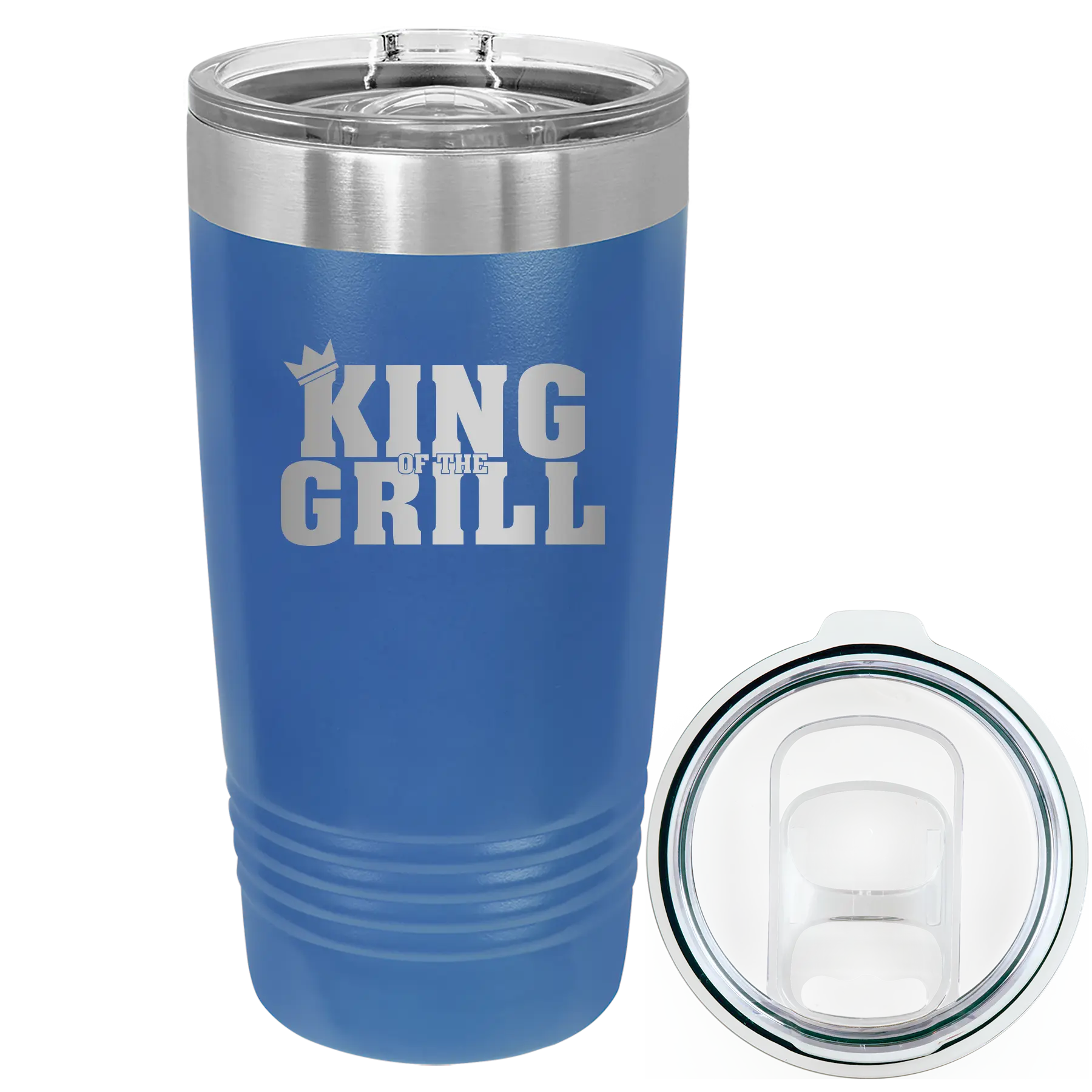 Laser etched royal blue 20 oz vacuum insulated tumbler with 'King of the Grill' design