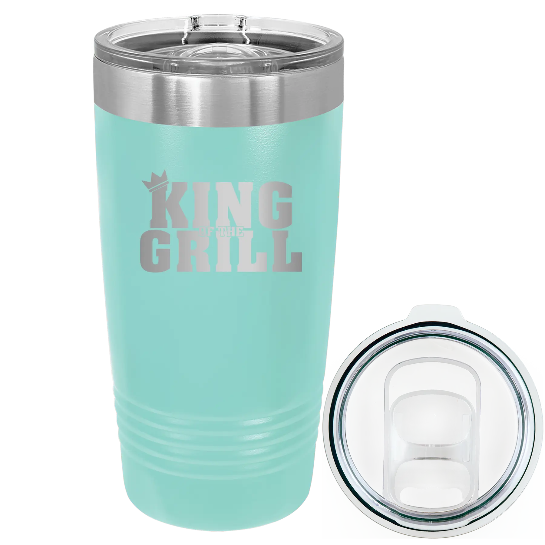 Laser etched teal 20 oz vacuum insulated tumbler with 'King of the Grill' design