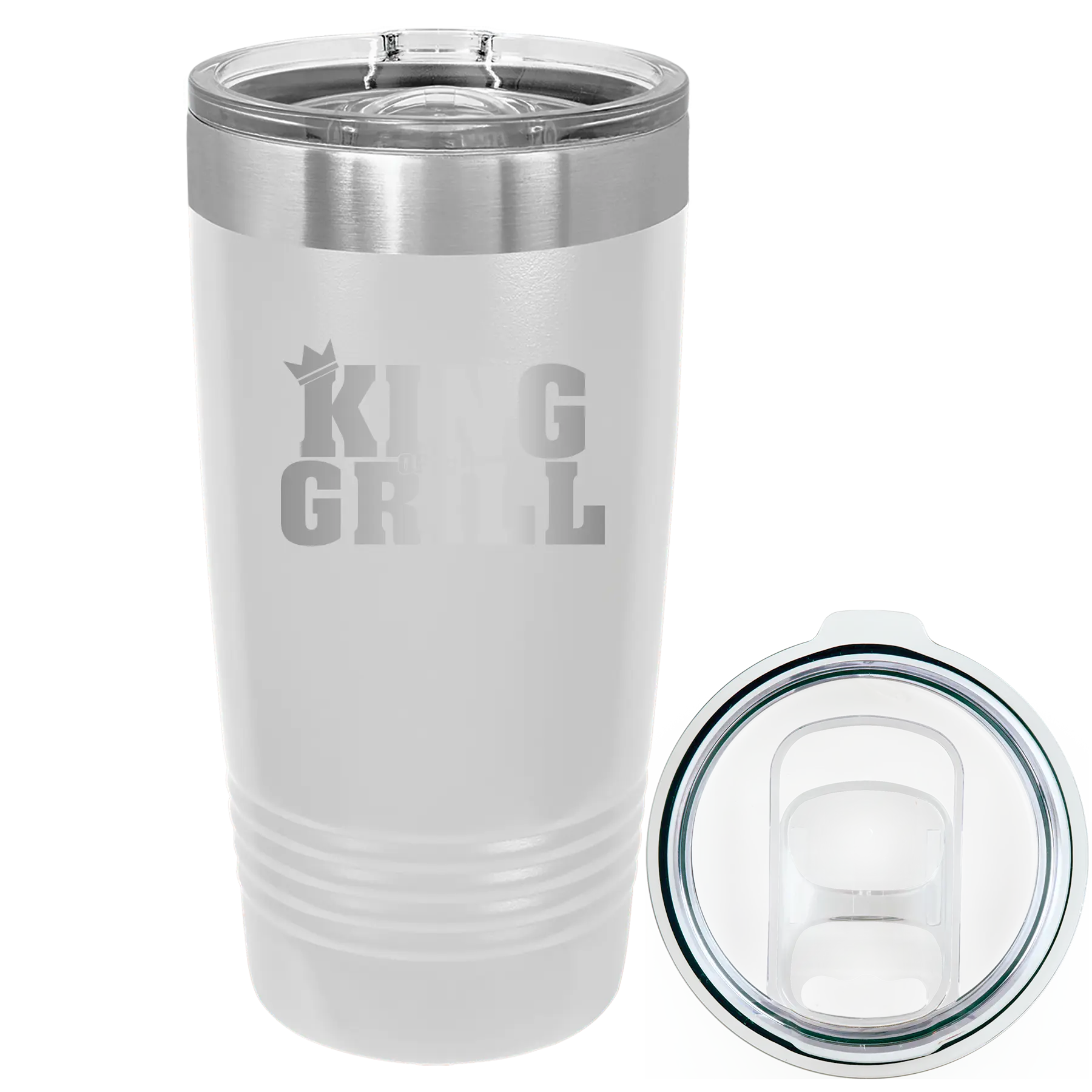 Laser etched white 20 oz vacuum insulated tumbler with 'King of the Grill' design