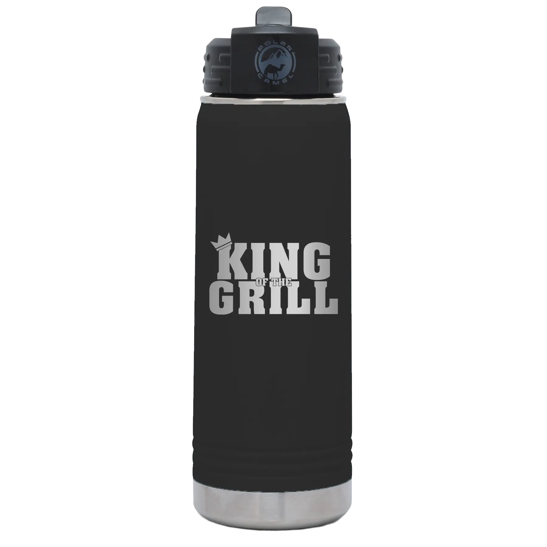 Laser etched black 20 oz vacuum insulated water bottle with 'King of the Grill' design
