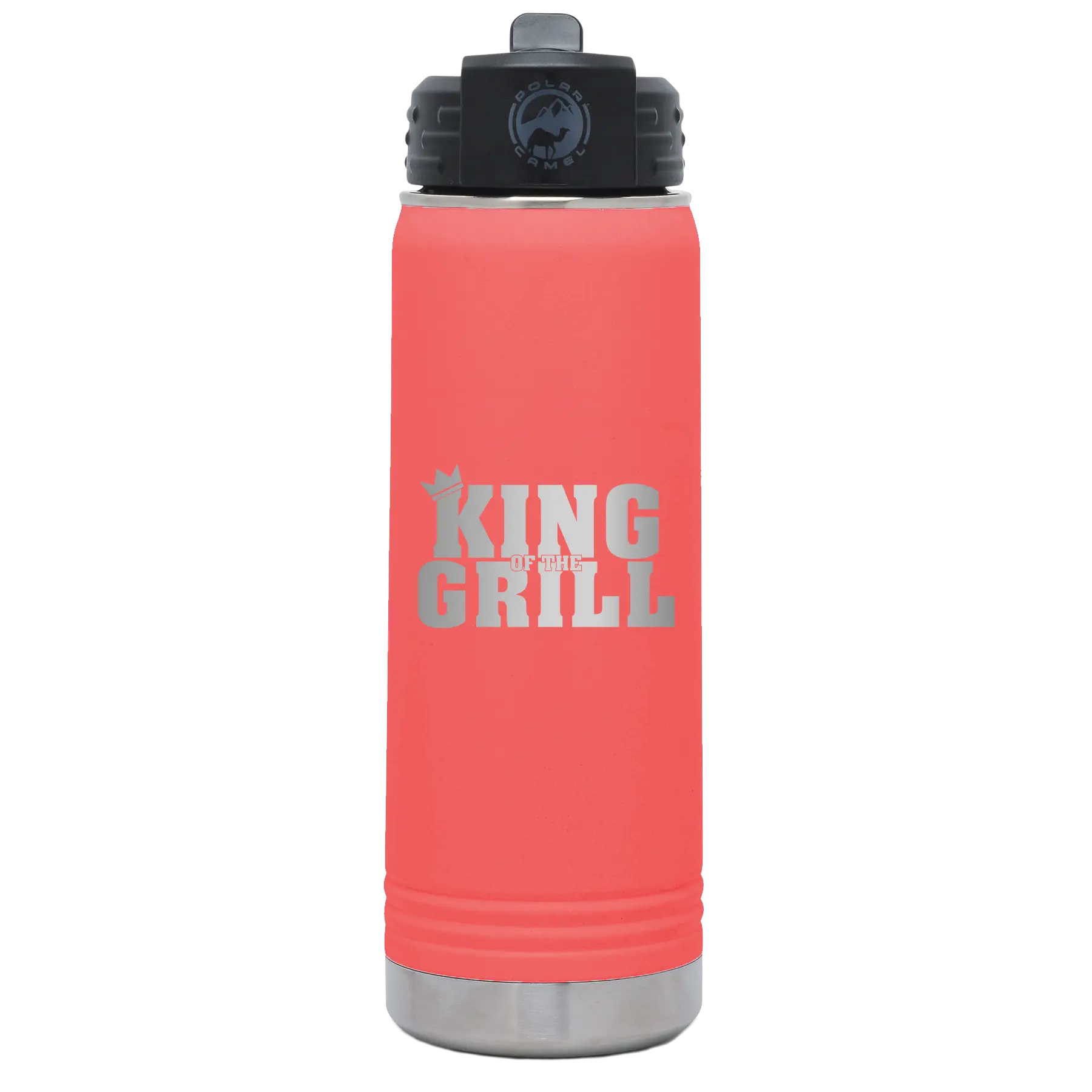 Laser etched coral 20 oz vacuum insulated water bottle with 'King of the Grill' design