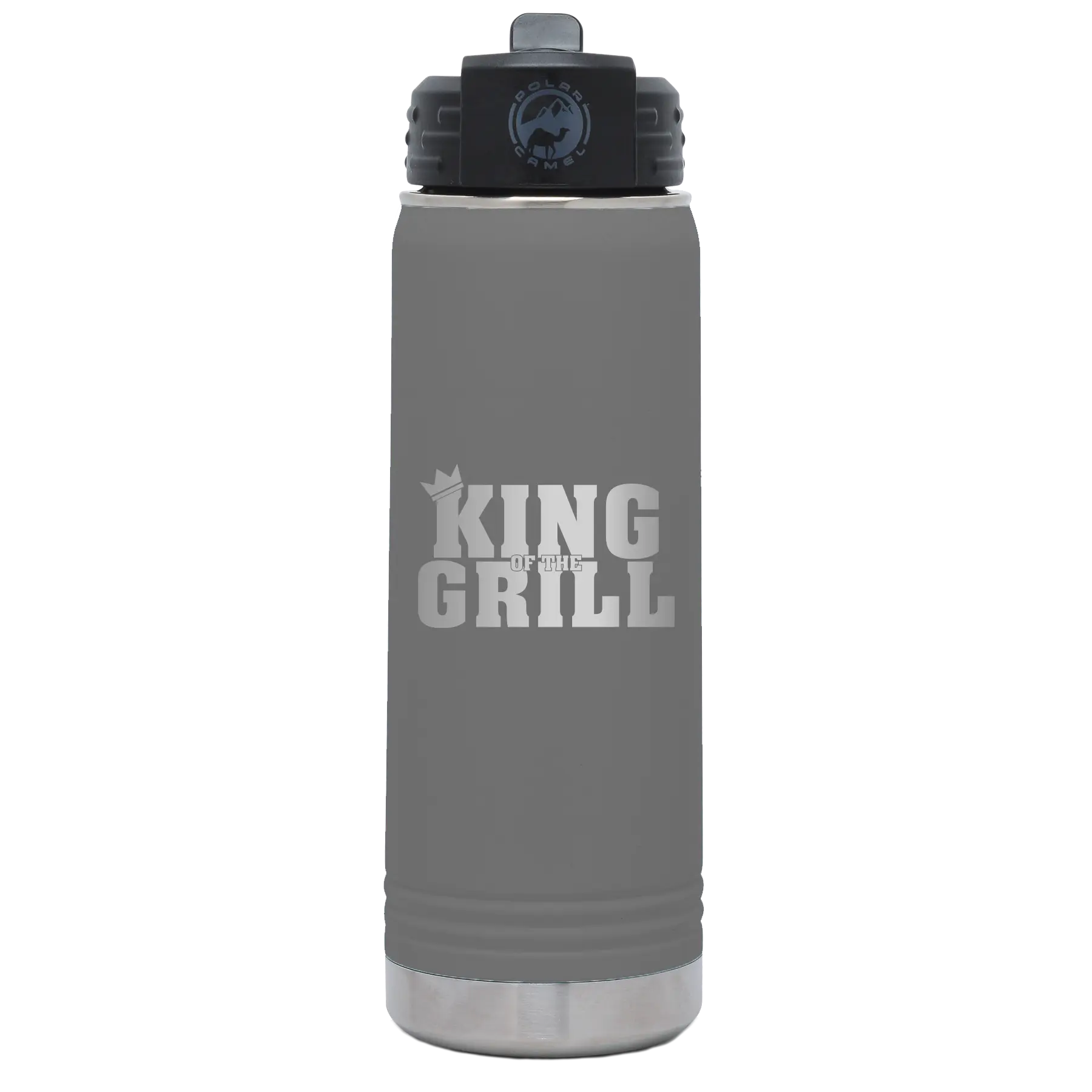 Laser etched dark gray 20 oz vacuum insulated water bottle with 'King of the Grill' design
