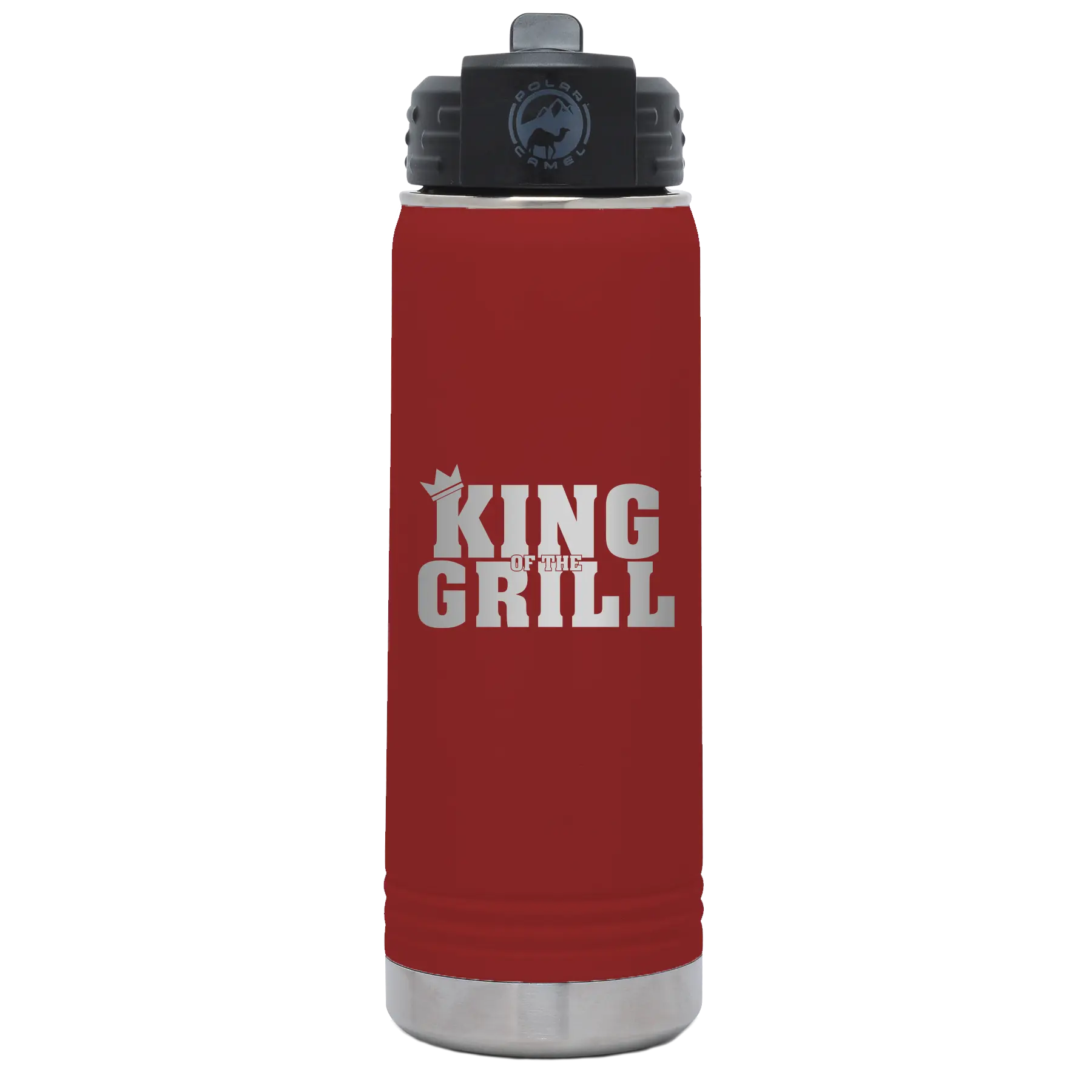 Laser etched maroon 20 oz vacuum insulated water bottle with 'King of the Grill' design