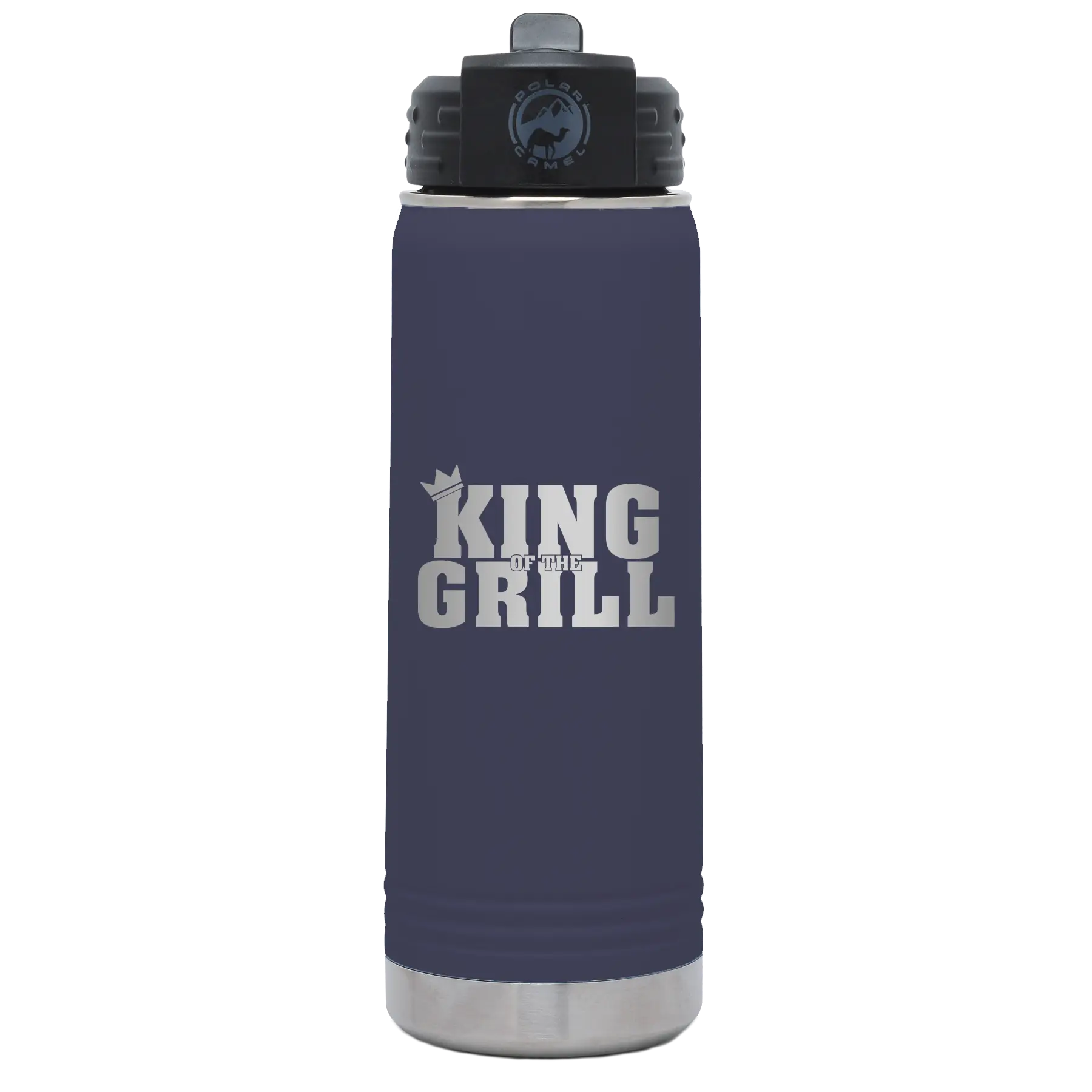 Laser etched navy 20 oz vacuum insulated water bottle with 'King of the Grill' design