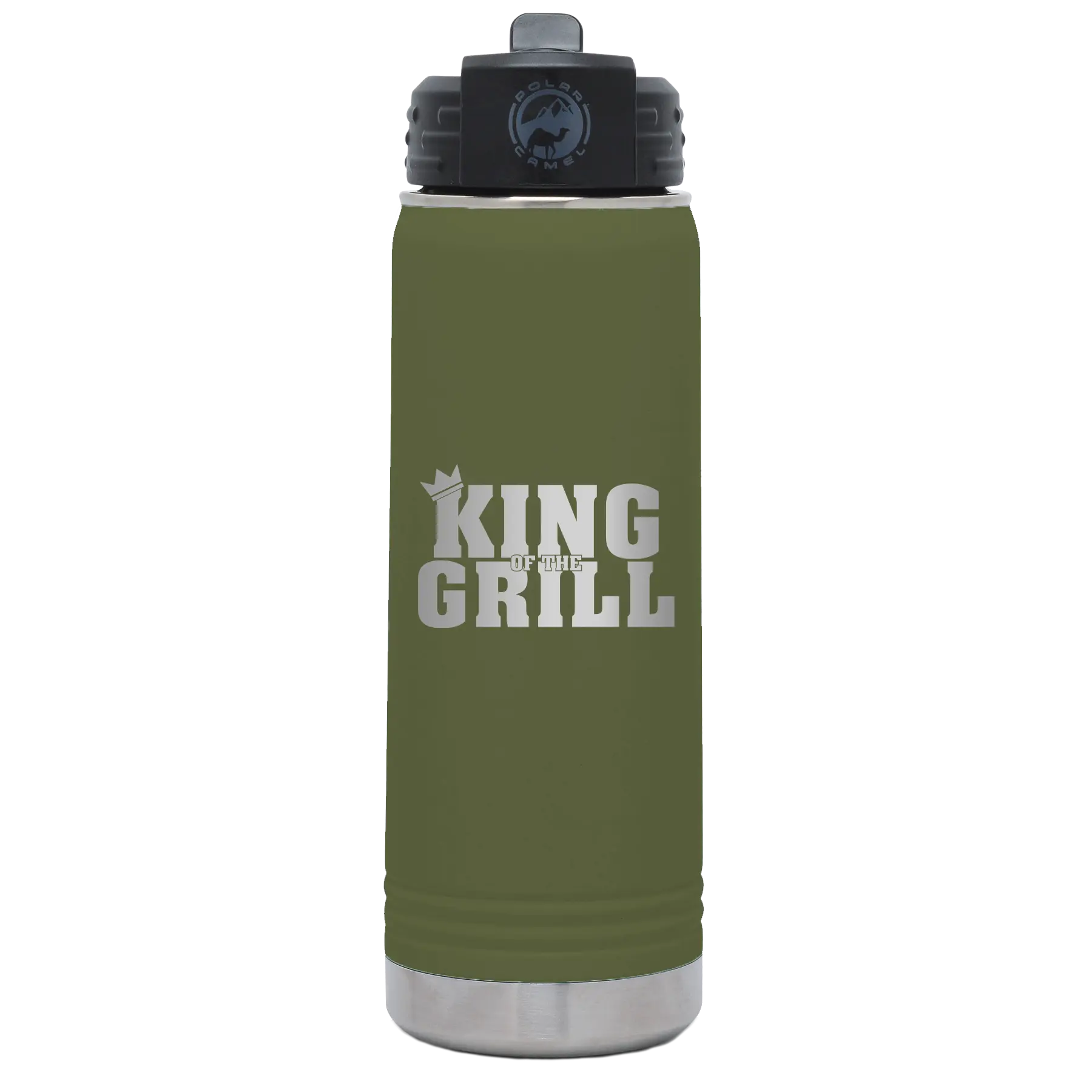 Laser etched olive green 20 oz vacuum insulated water bottle with 'King of the Grill' design