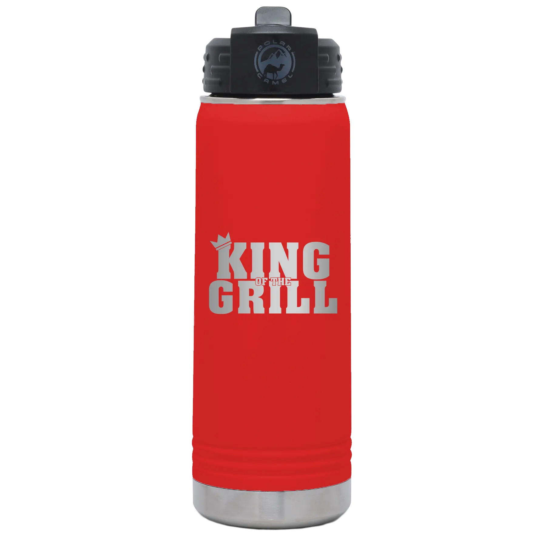 Laser etched red 20 oz vacuum insulated water bottle with 'King of the Grill' design