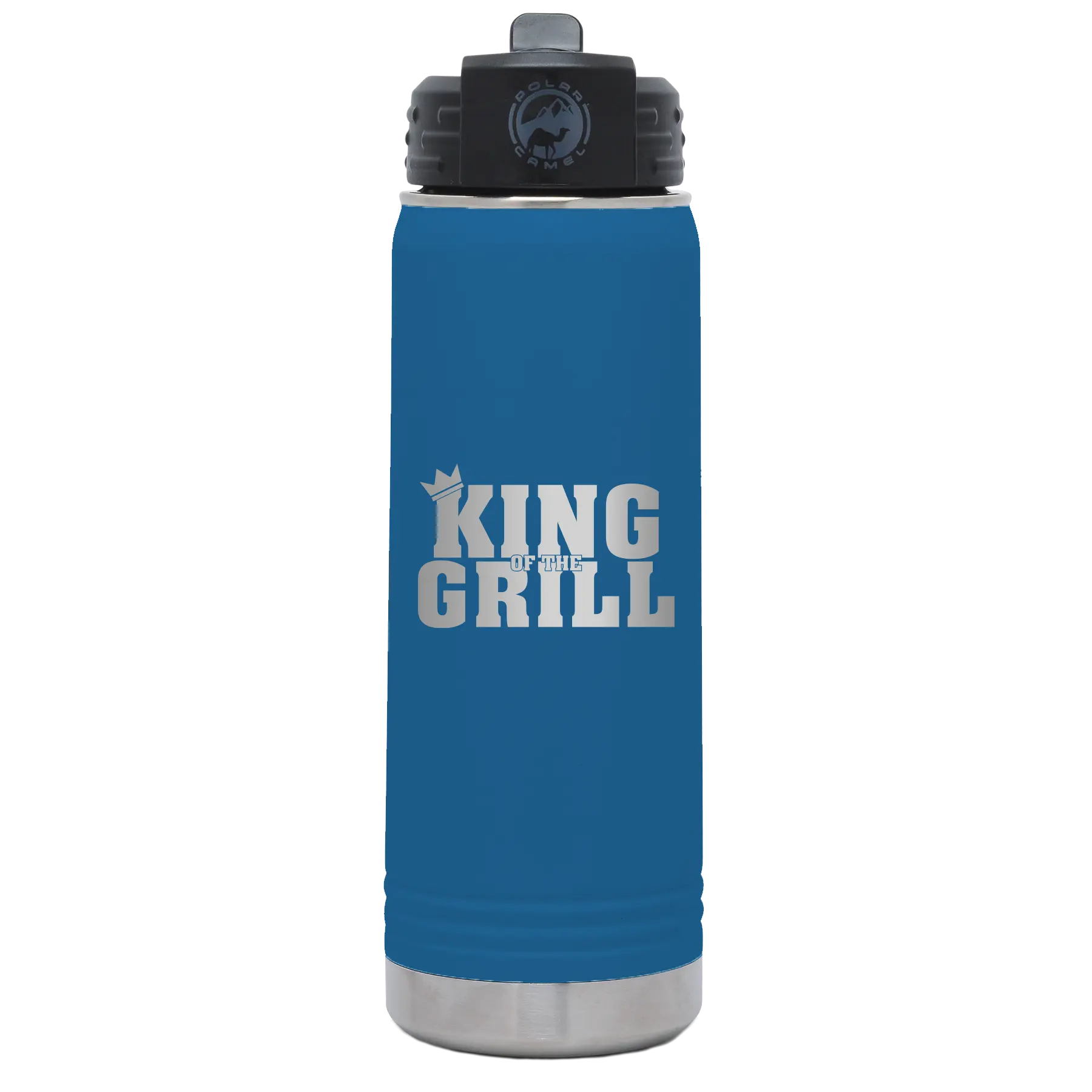 Laser etched royal blue 20 oz vacuum insulated water bottle with 'King of the Grill' design