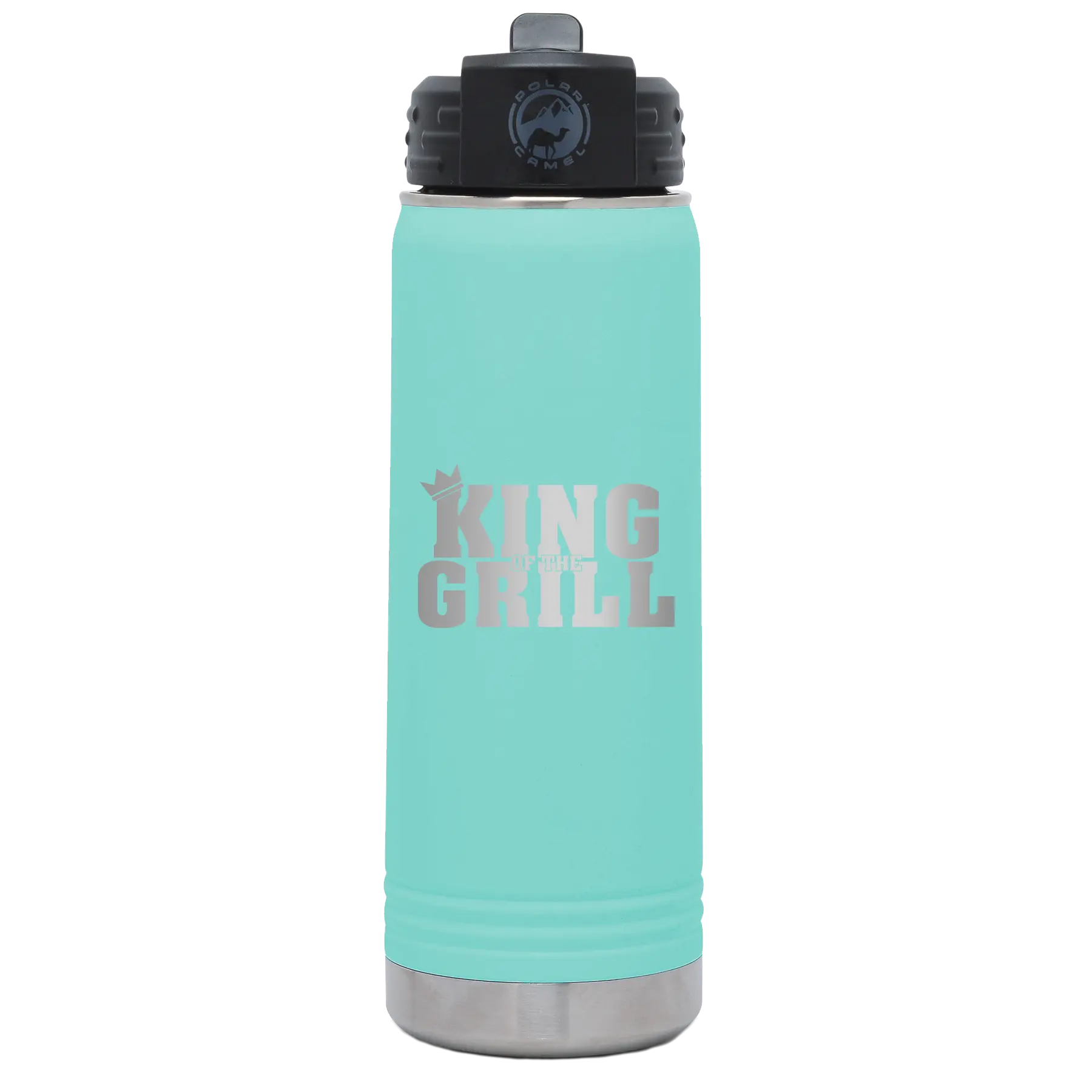 Laser etched teal 20 oz vacuum insulated water bottle with 'King of the Grill' design