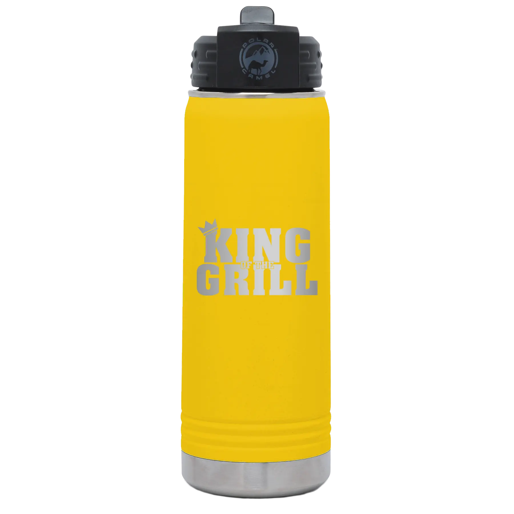 Laser etched yellow 20 oz vacuum insulated water bottle with 'King of the Grill' design