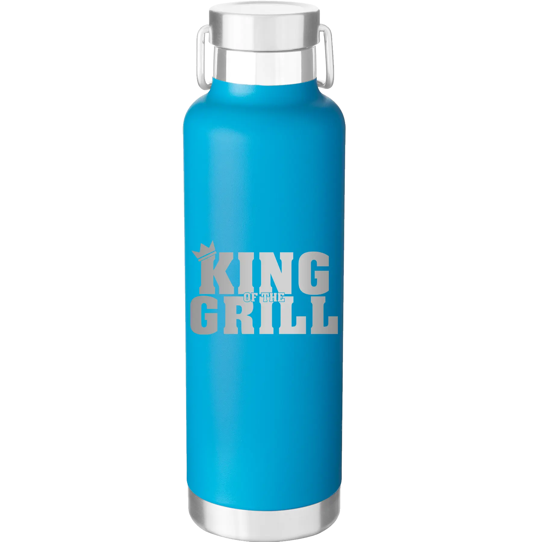 Laser etched aqua 24 oz vacuum insulated water bottle with 'King of the Grill' design