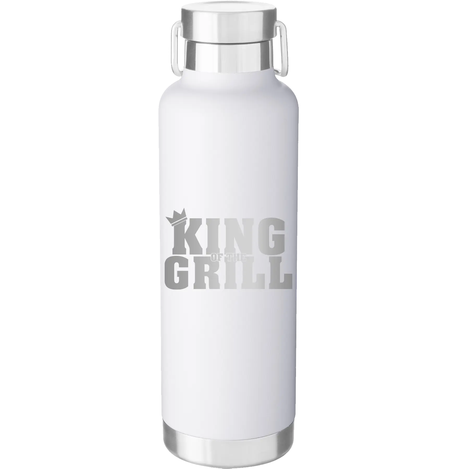 Laser etched white 24 oz vacuum insulated water bottle with 'King of the Grill' design