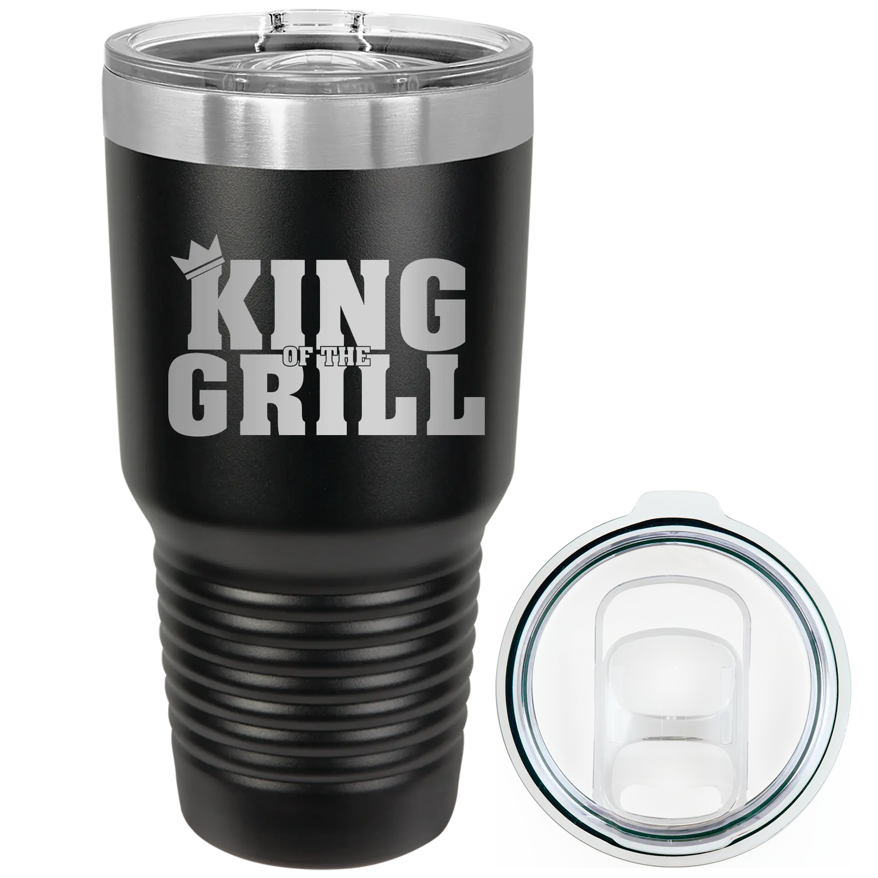 Laser etched black 30 oz vacuum insulated tumbler with 'King of the Grill' design