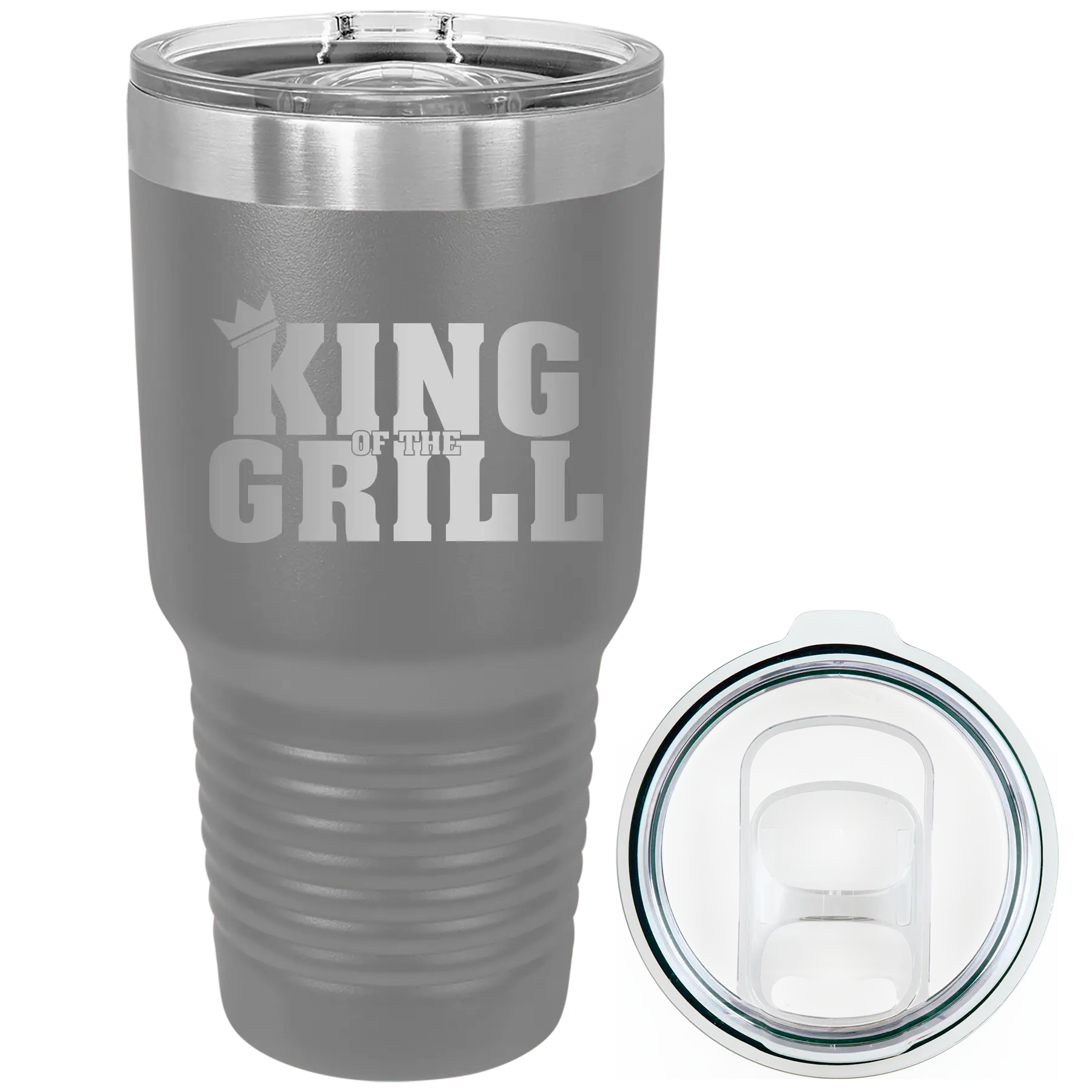 Laser etched dark gray 30 oz vacuum insulated tumbler with 'King of the Grill' design