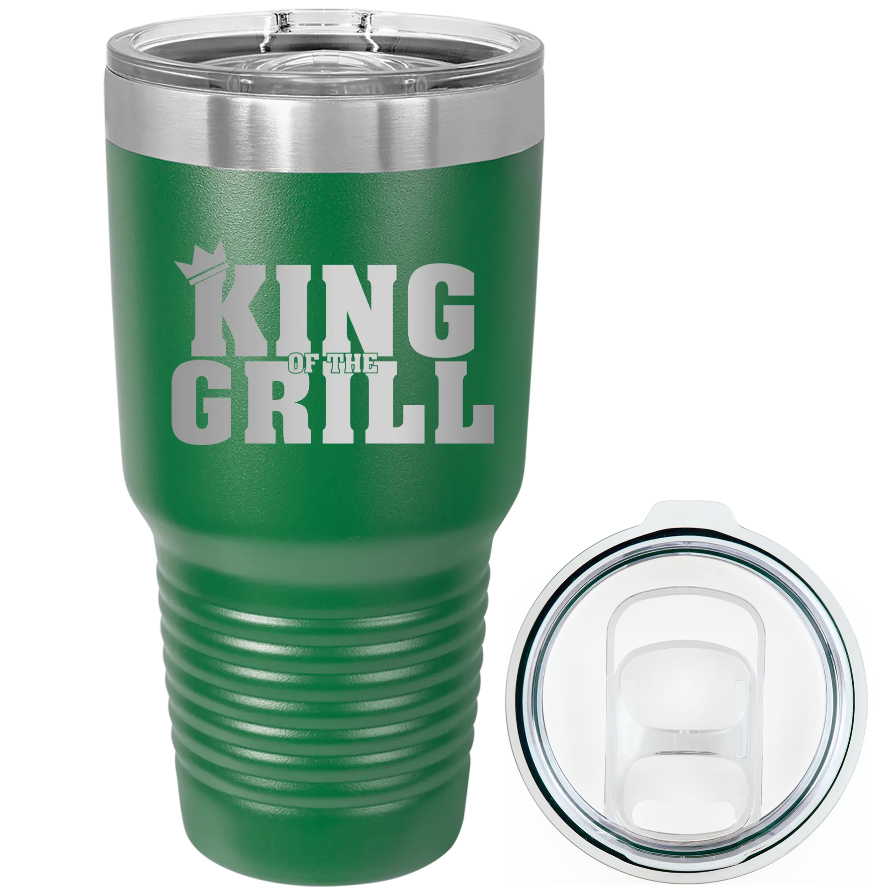 Laser etched green 30 oz vacuum insulated tumbler with 'King of the Grill' design