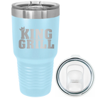 Laser etched light blue 30 oz vacuum insulated tumbler with 'King of the Grill' design