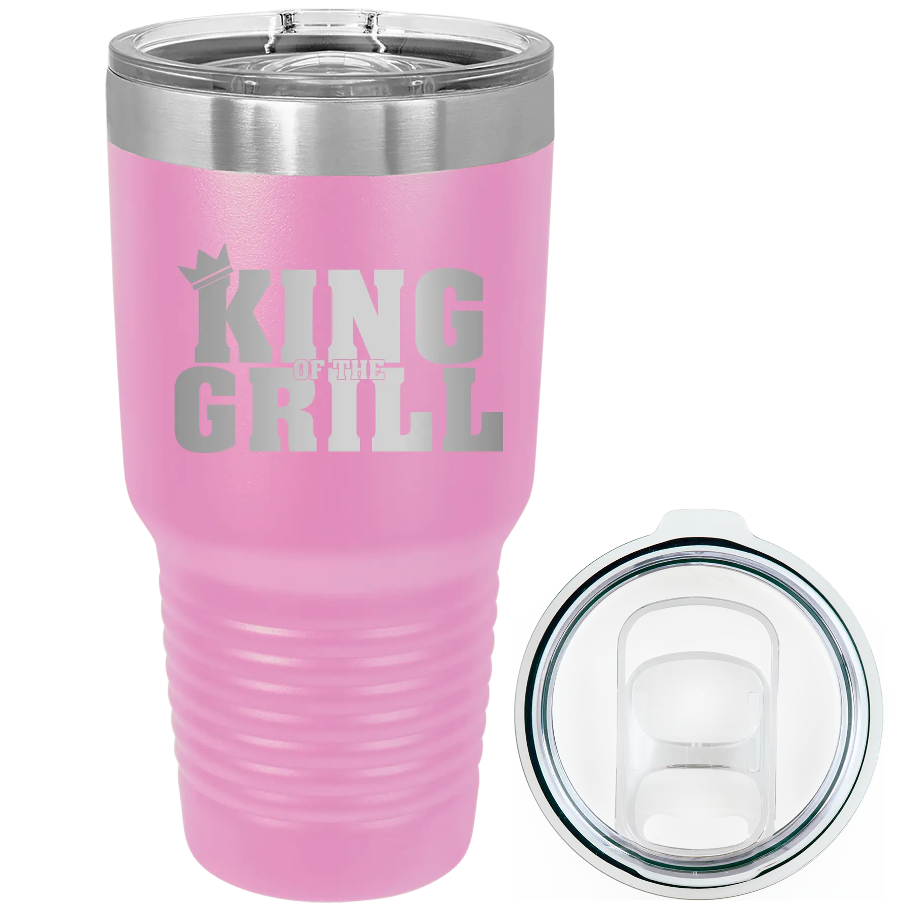 Laser etched light purple 30 oz vacuum insulated tumbler with 'King of the Grill' design