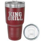 Laser etched maroon 30 oz vacuum insulated tumbler with 'King of the Grill' design