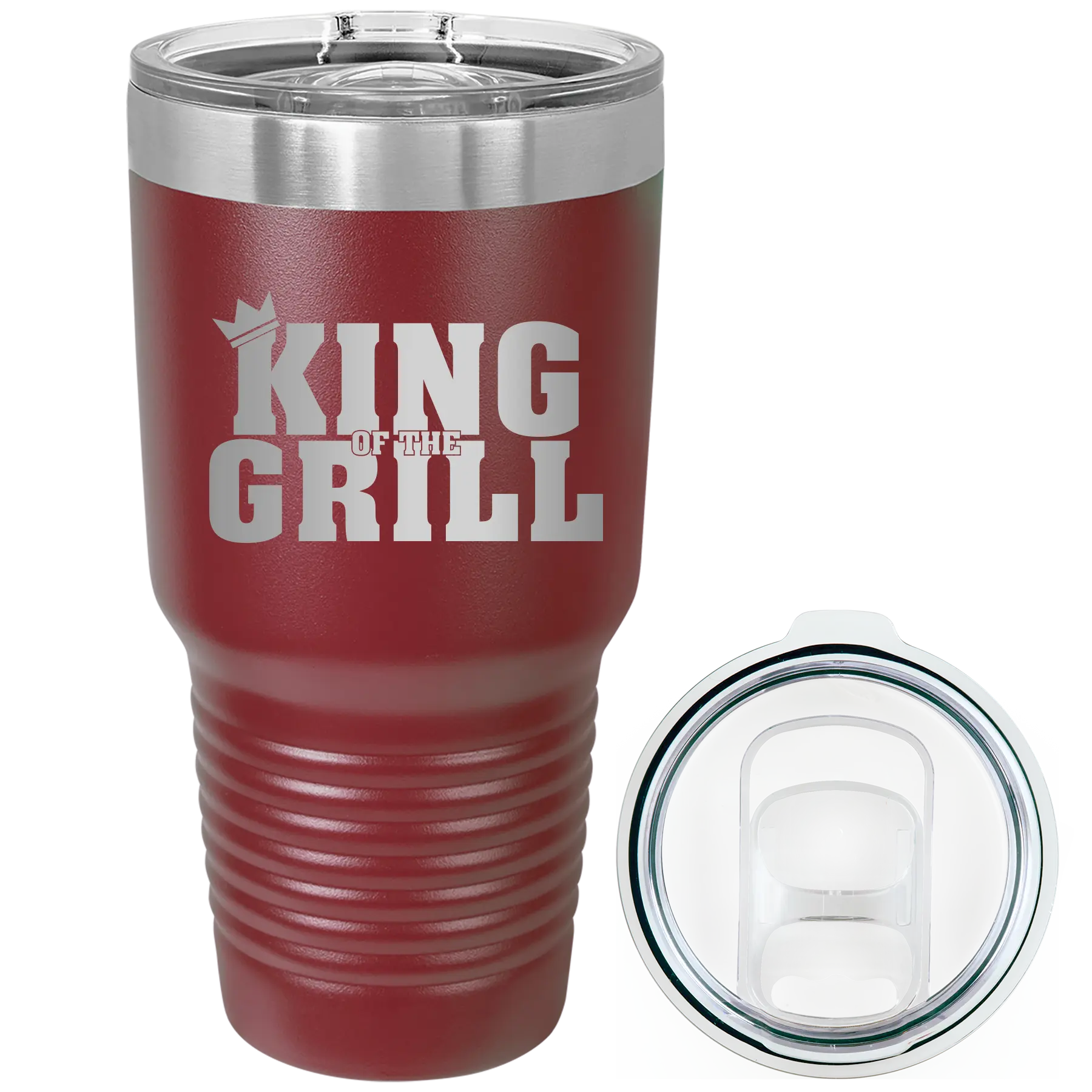 Laser etched maroon 30 oz vacuum insulated tumbler with 'King of the Grill' design