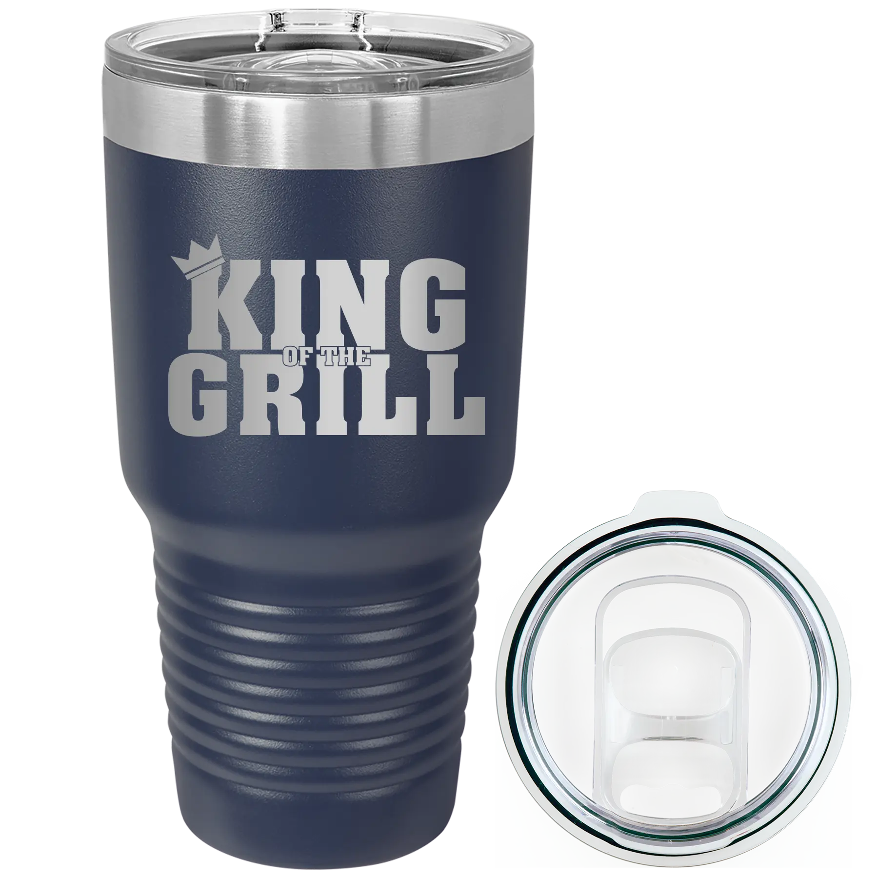 Laser etched navy 30 oz vacuum insulated tumbler with 'King of the Grill' design