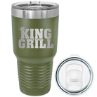 Laser etched olive green 30 oz vacuum insulated tumbler with 'King of the Grill' design