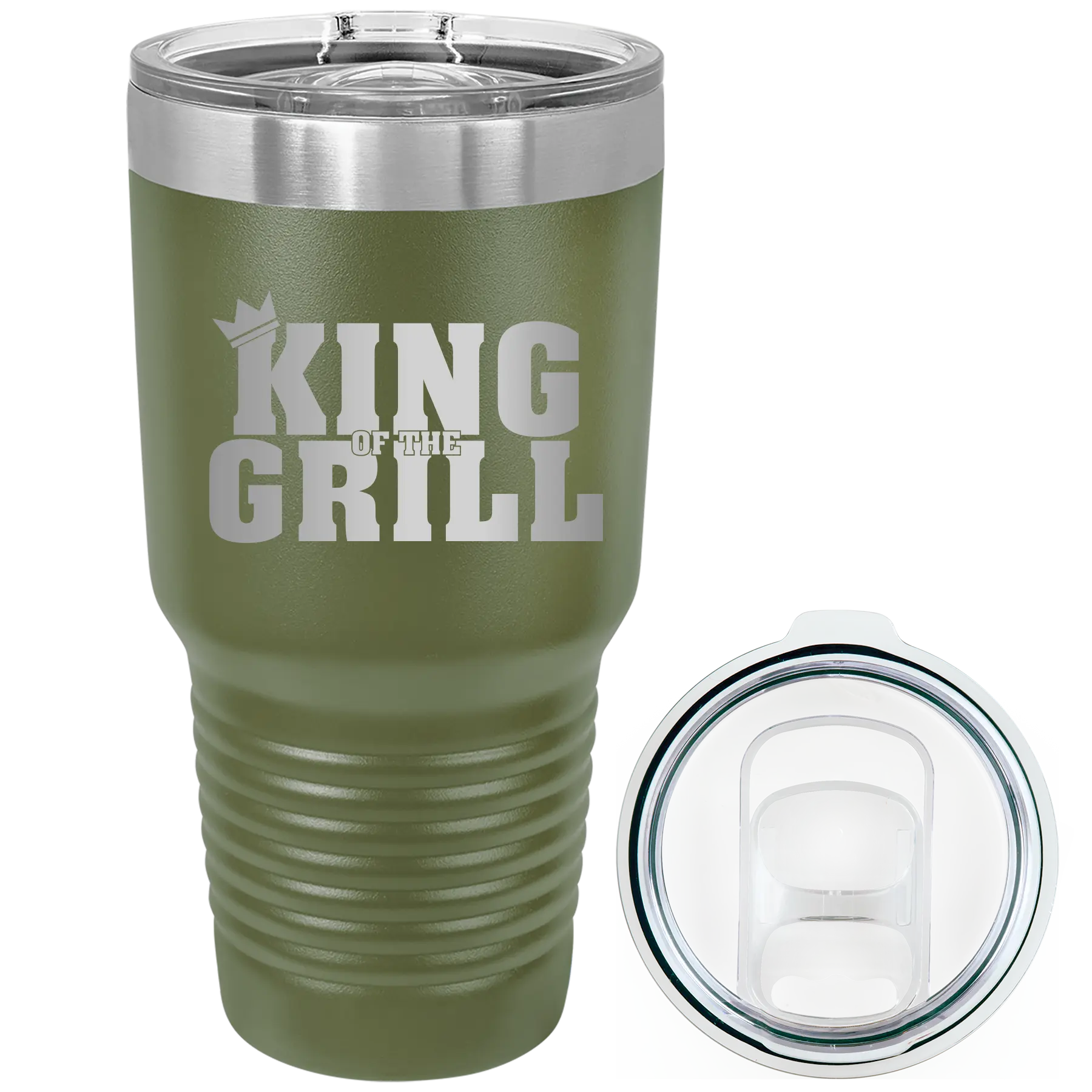 Laser etched olive green 30 oz vacuum insulated tumbler with 'King of the Grill' design