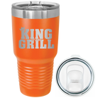 Laser etched orange 30 oz vacuum insulated tumbler with 'King of the Grill' design