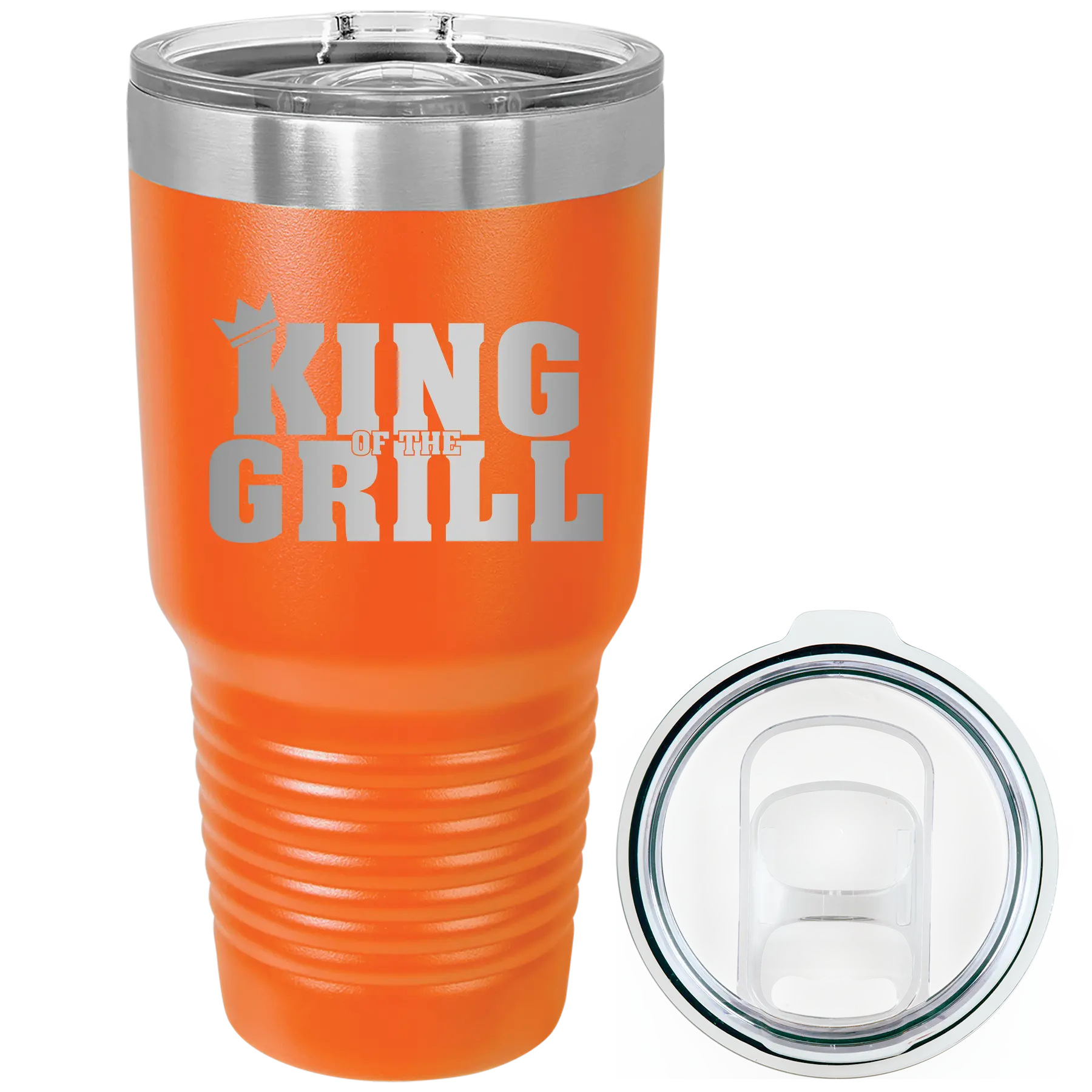 Laser etched orange 30 oz vacuum insulated tumbler with 'King of the Grill' design
