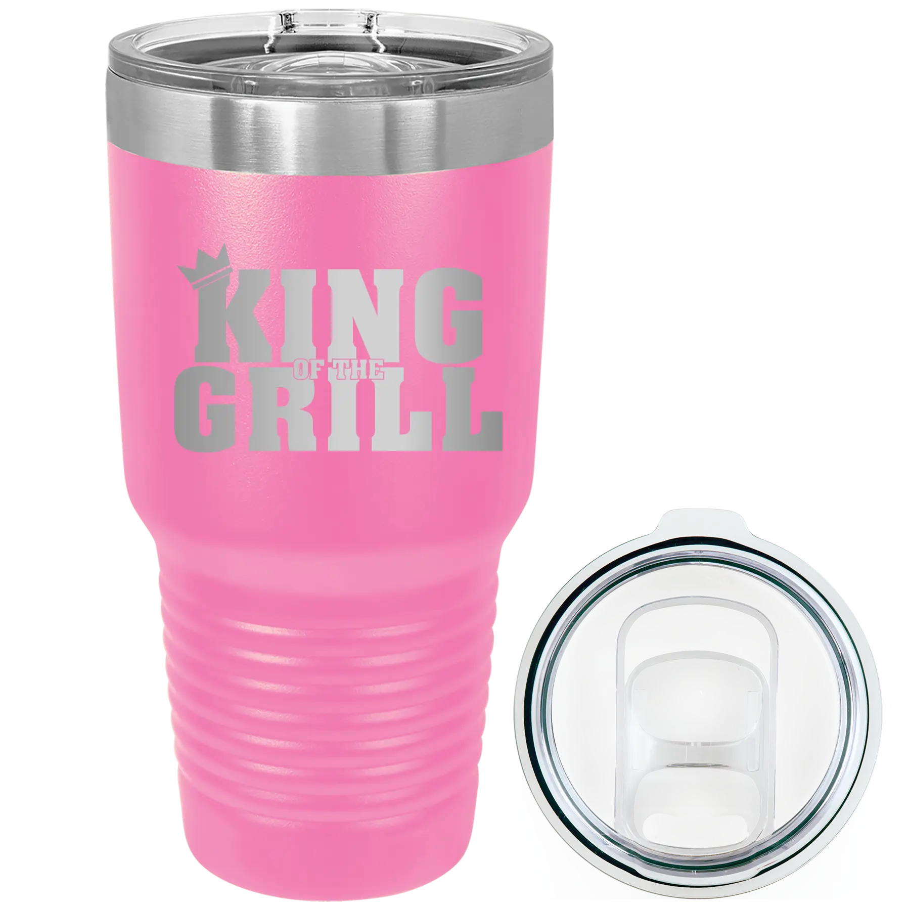 Laser etched pink 30 oz vacuum insulated tumbler with 'King of the Grill' design