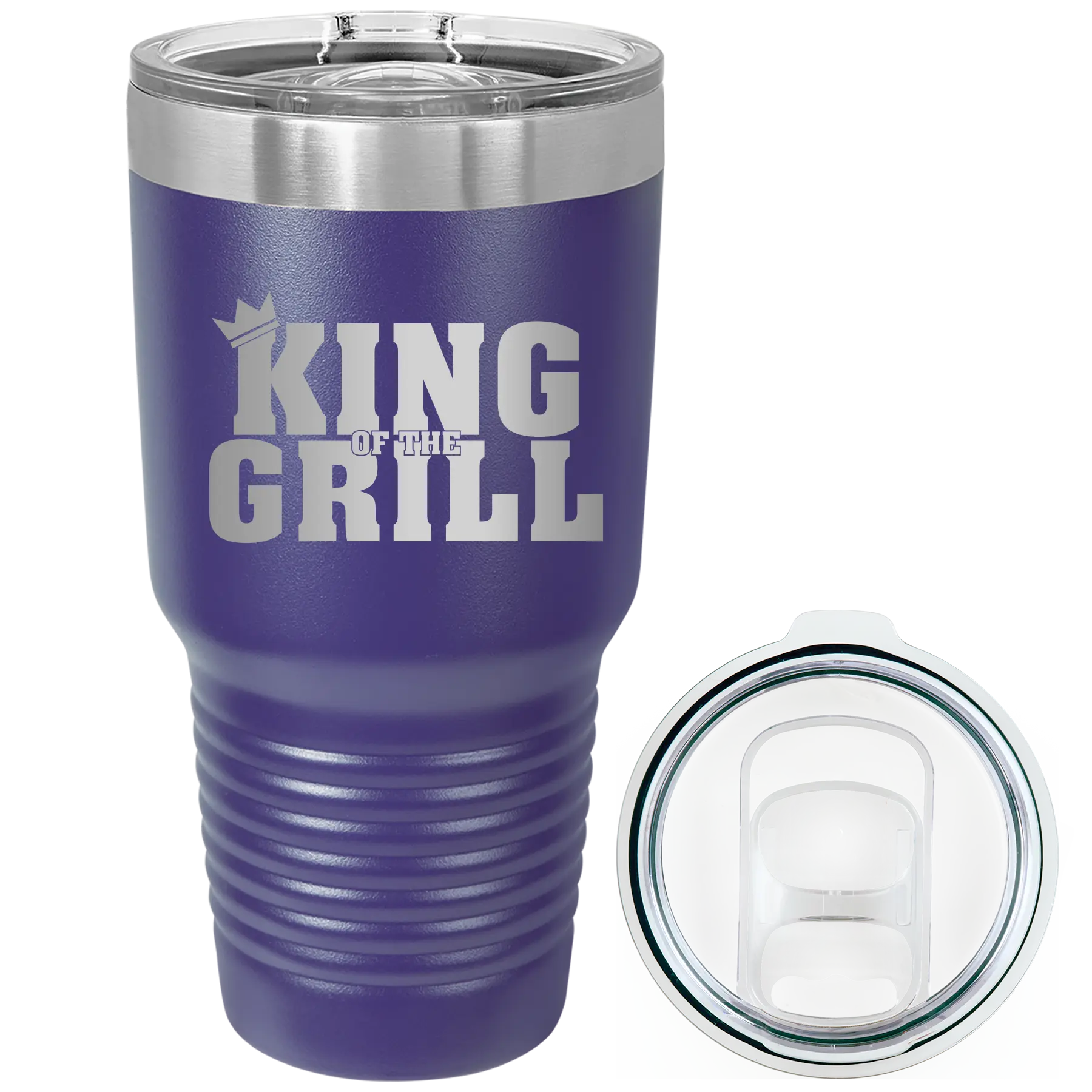 Laser etched purple 30 oz vacuum insulated tumbler with 'King of the Grill' design