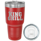 Laser etched red 30 oz vacuum insulated tumbler with 'King of the Grill' design