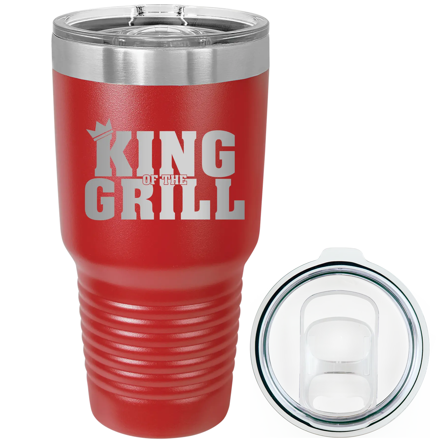 Laser etched red 30 oz vacuum insulated tumbler with 'King of the Grill' design