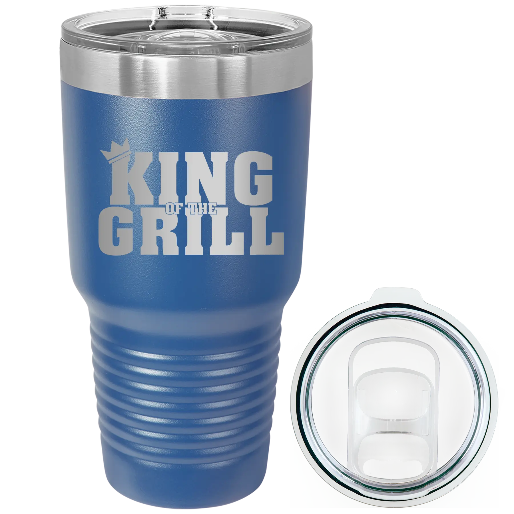 Laser etched royal blue 30 oz vacuum insulated tumbler with 'King of the Grill' design