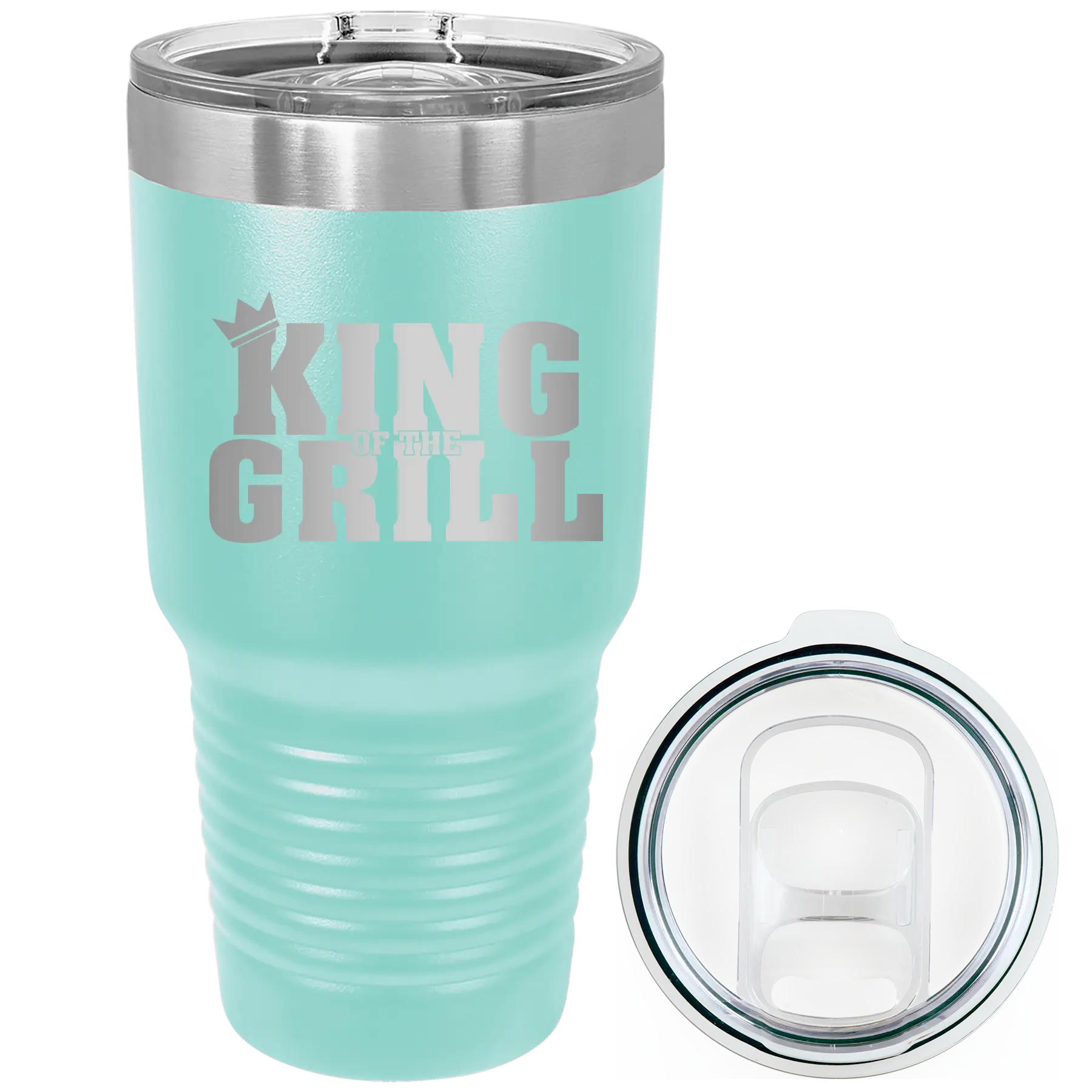 Laser etched teal 30 oz vacuum insulated tumbler with 'King of the Grill' design