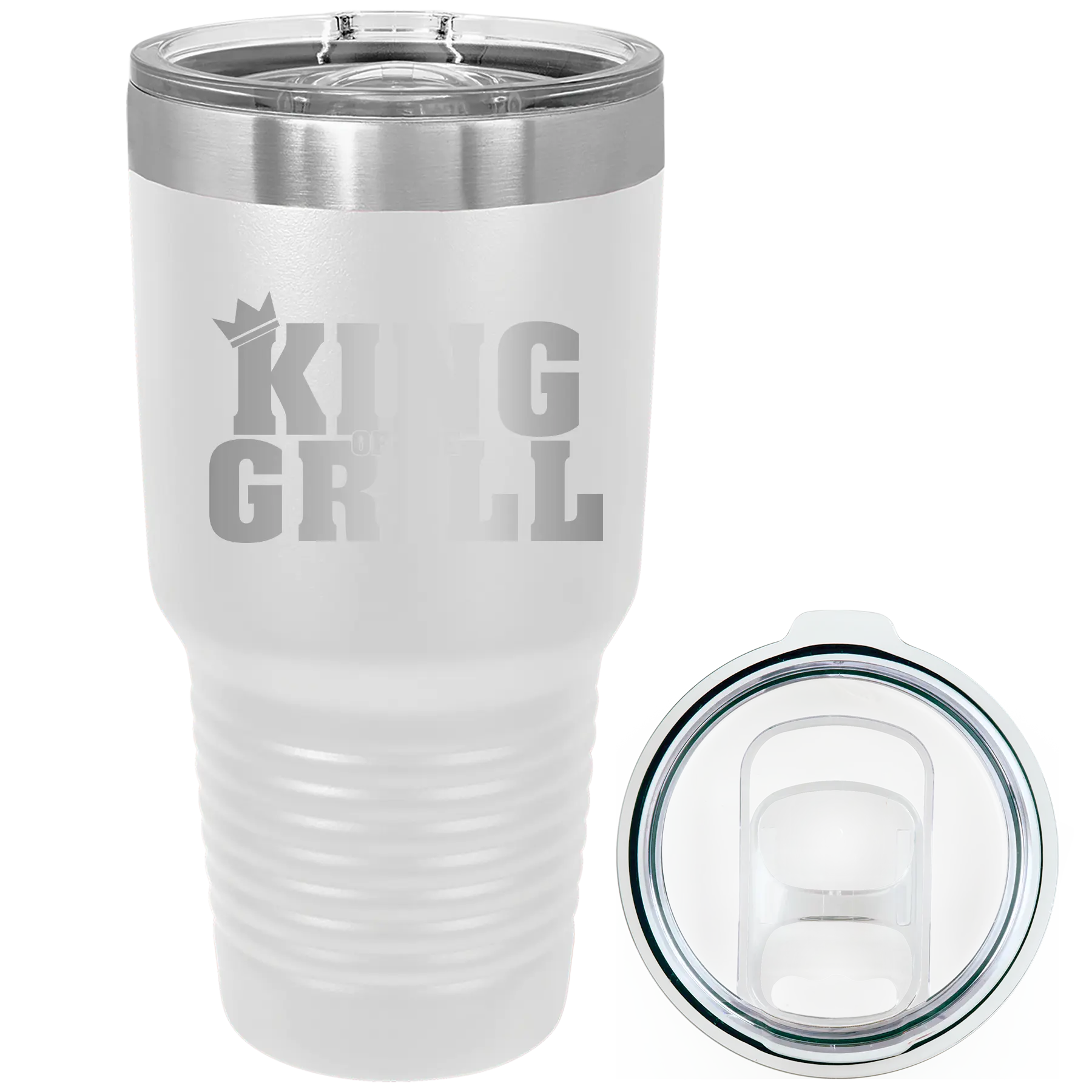 Laser etched white 30 oz vacuum insulated tumbler with 'King of the Grill' design