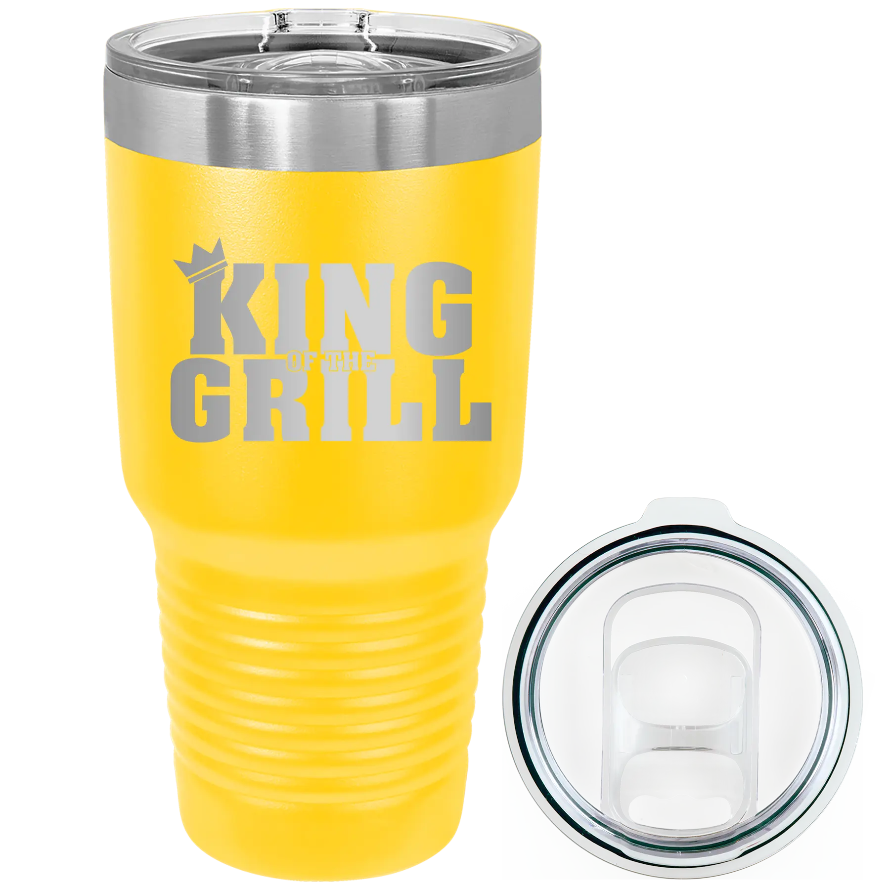 Laser etched yellow 30 oz vacuum insulated tumbler with 'King of the Grill' design