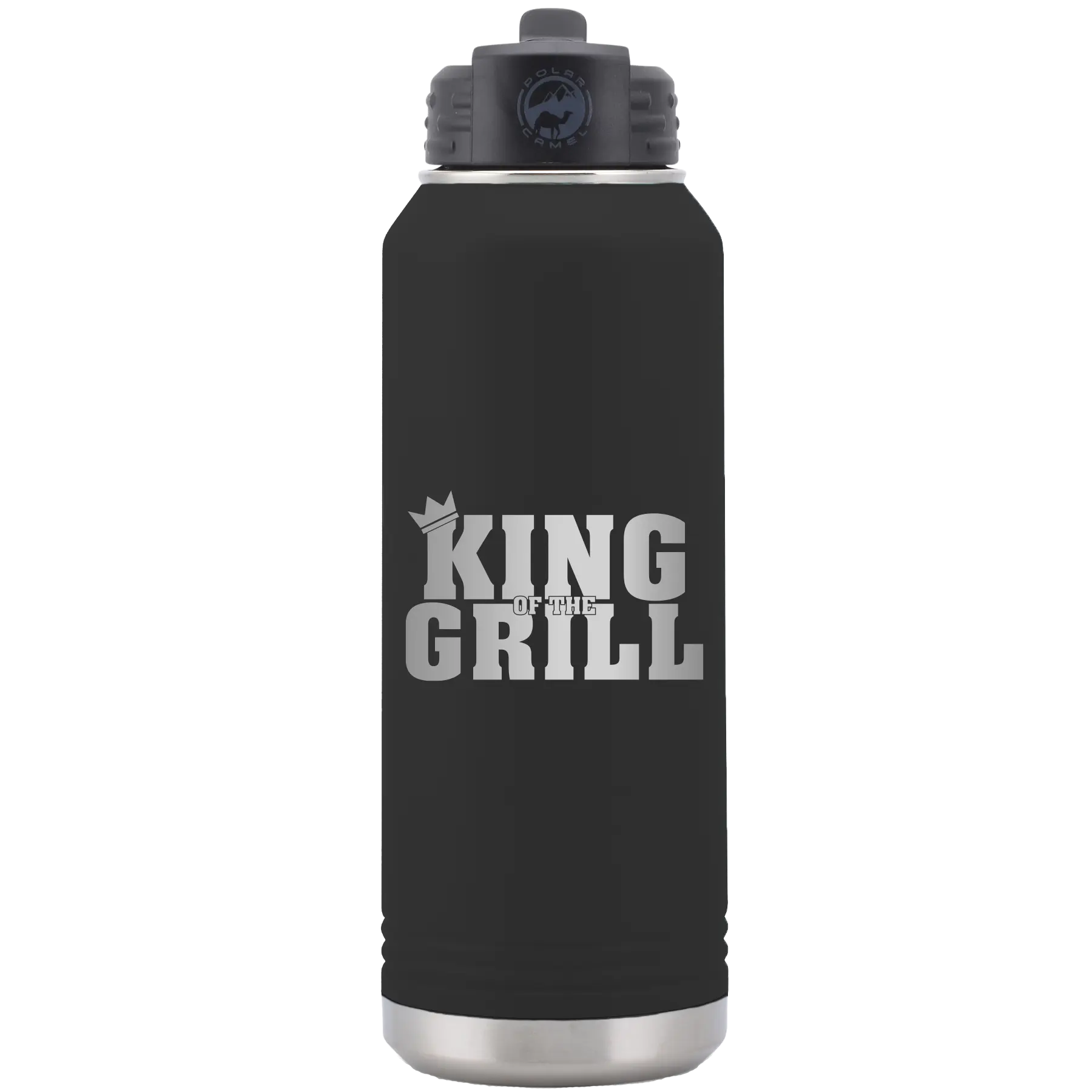 Laser etched black 32 oz vacuum insulated water bottle with 'King of the Grill' design