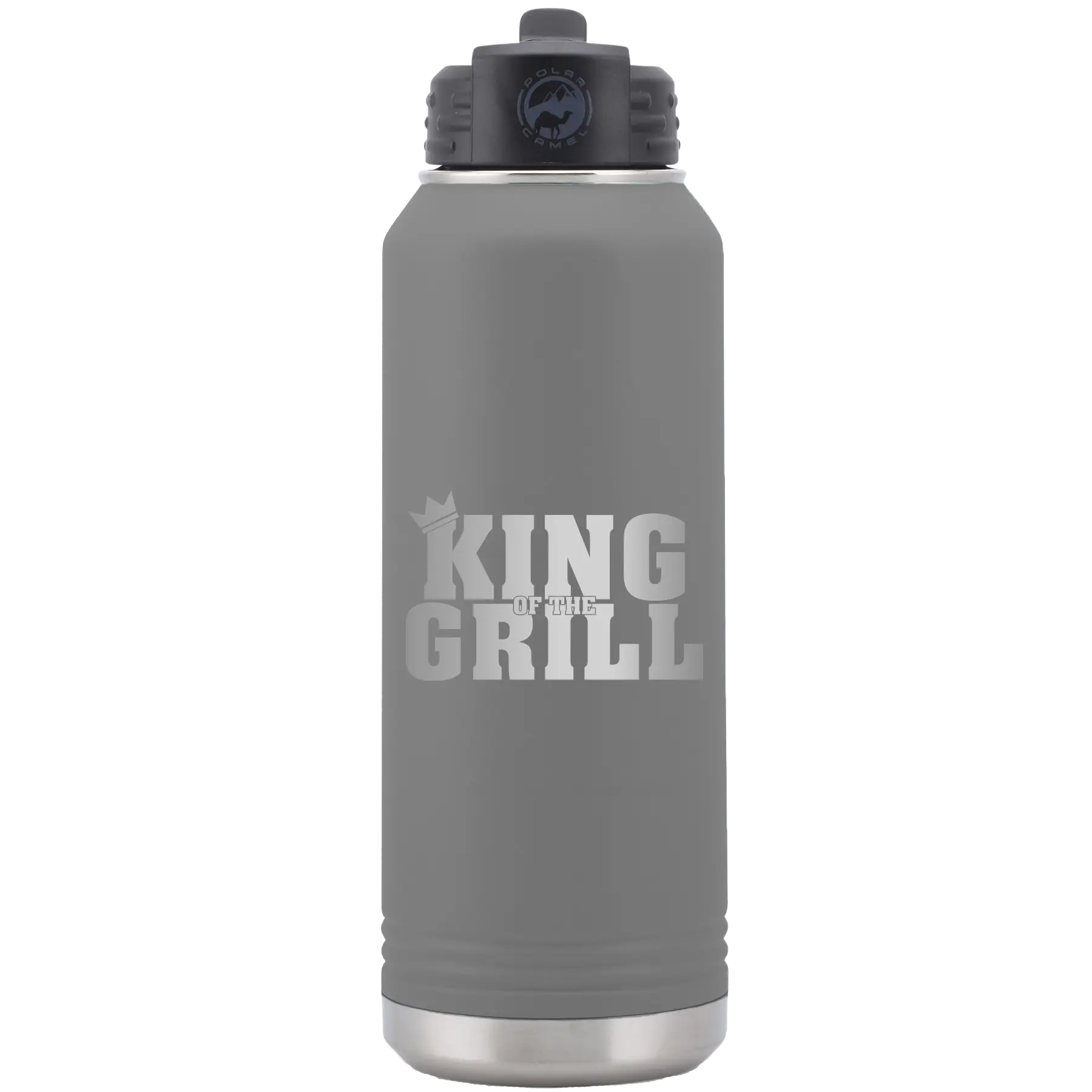 Laser etched dark gray 32 oz vacuum insulated water bottle with 'King of the Grill' design