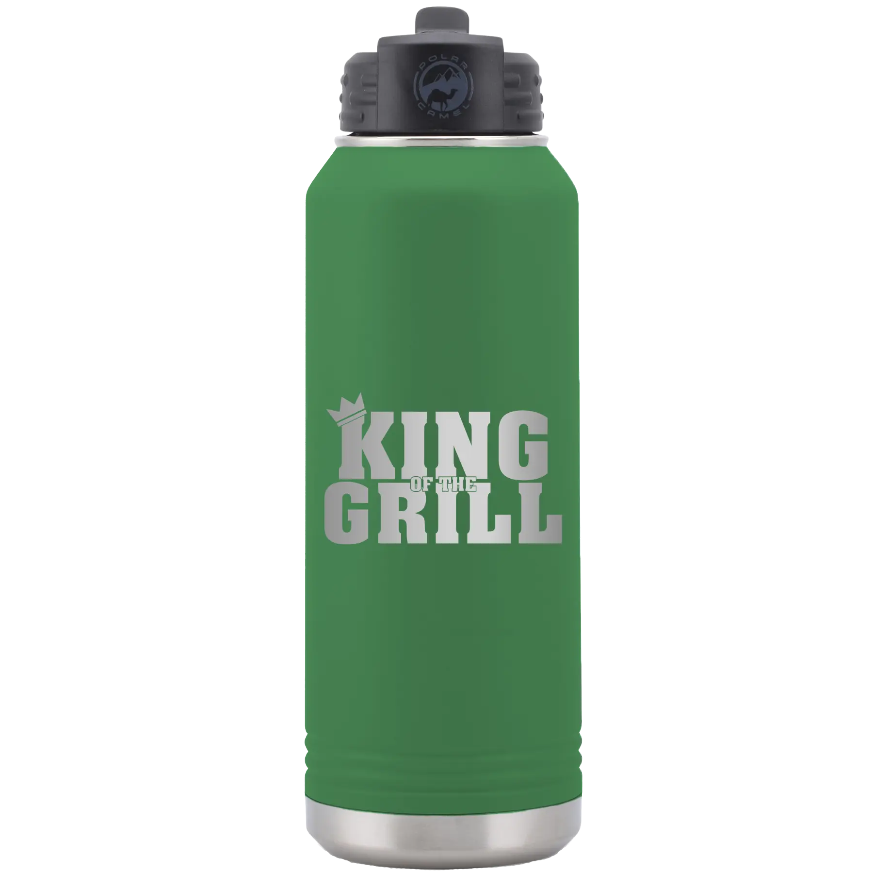 Laser etched green 32 oz vacuum insulated water bottle with 'King of the Grill' design