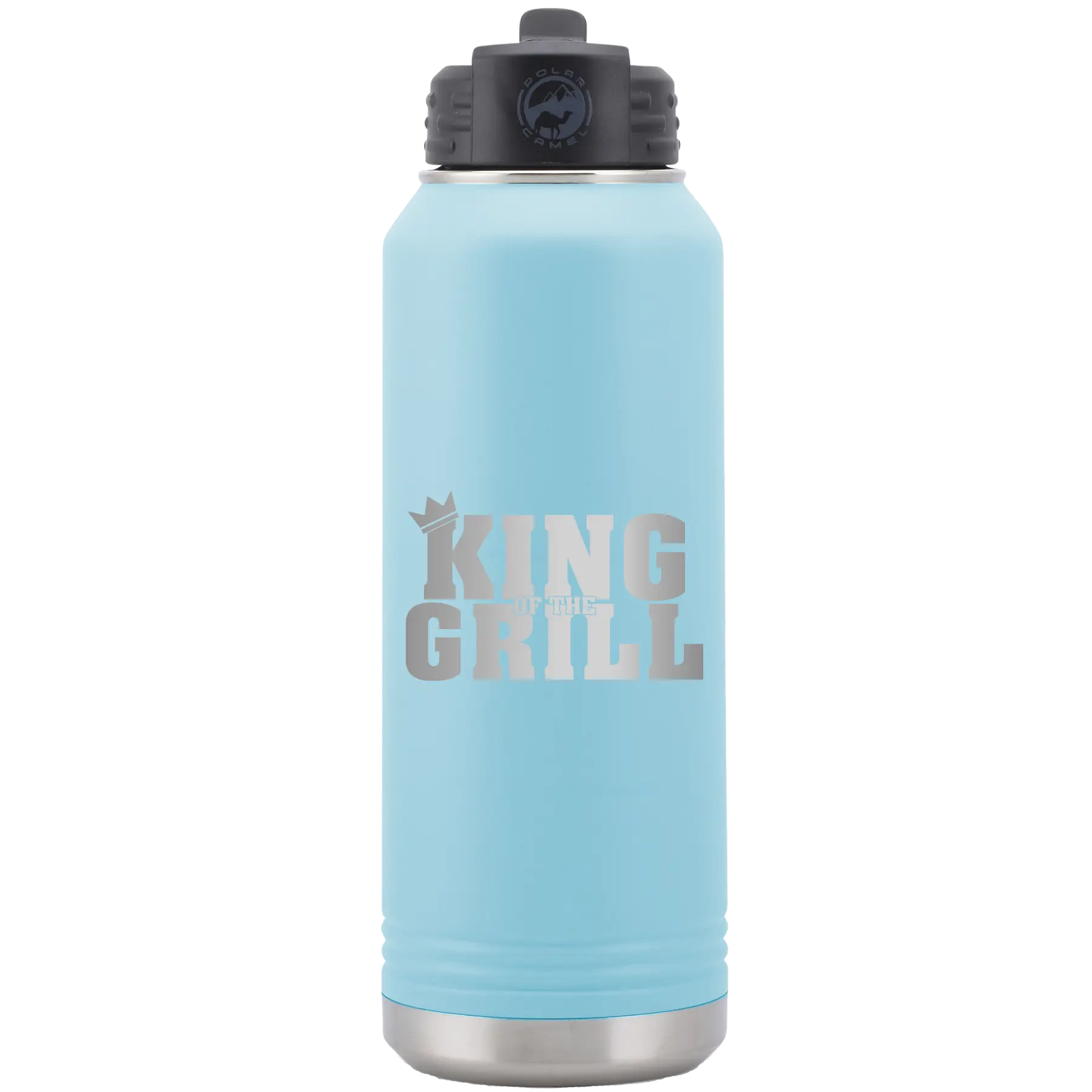 Laser etched light blue 32 oz vacuum insulated water bottle with 'King of the Grill' design