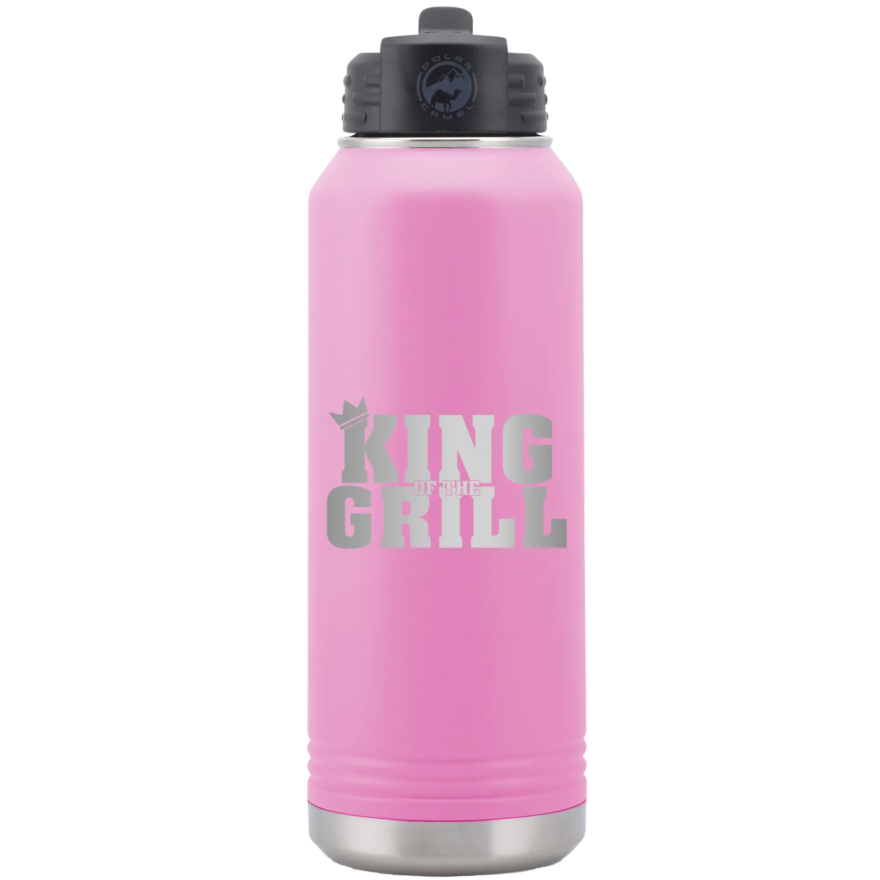 Laser etched light purple 32 oz vacuum insulated water bottle with 'King of the Grill' design