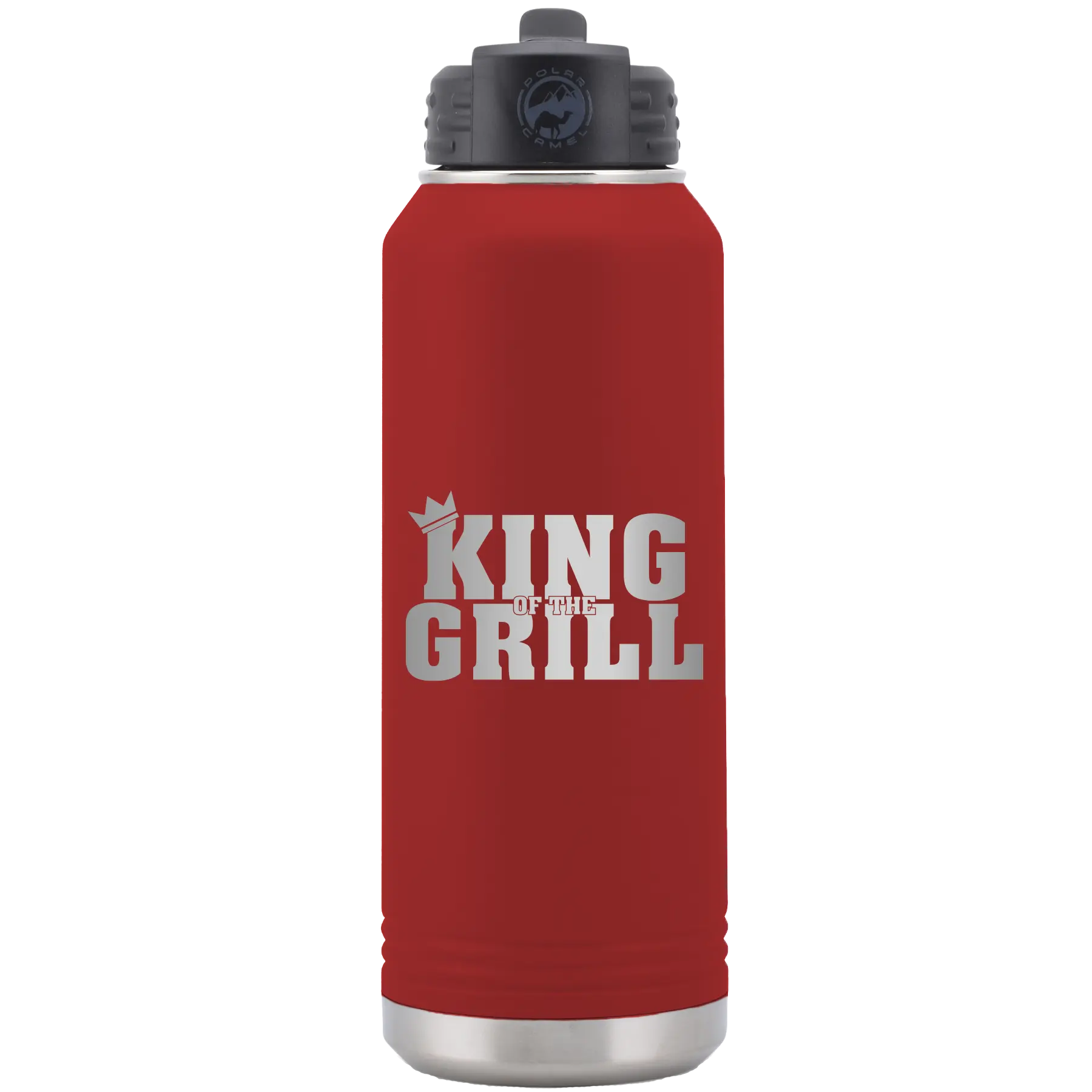 Laser etched maroon 32 oz vacuum insulated water bottle with 'King of the Grill' design