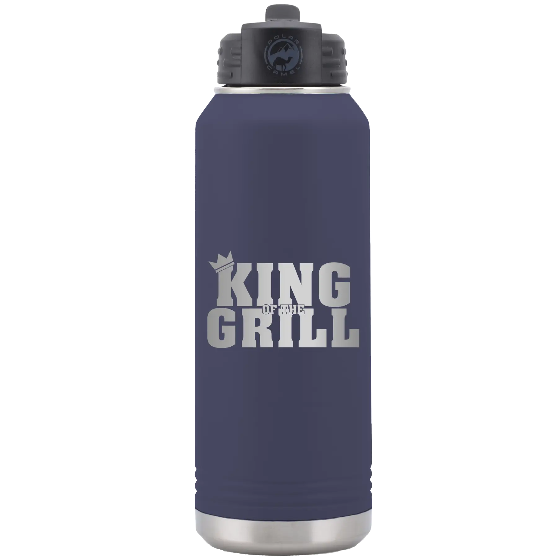 Laser etched navy 32 oz vacuum insulated water bottle with 'King of the Grill' design