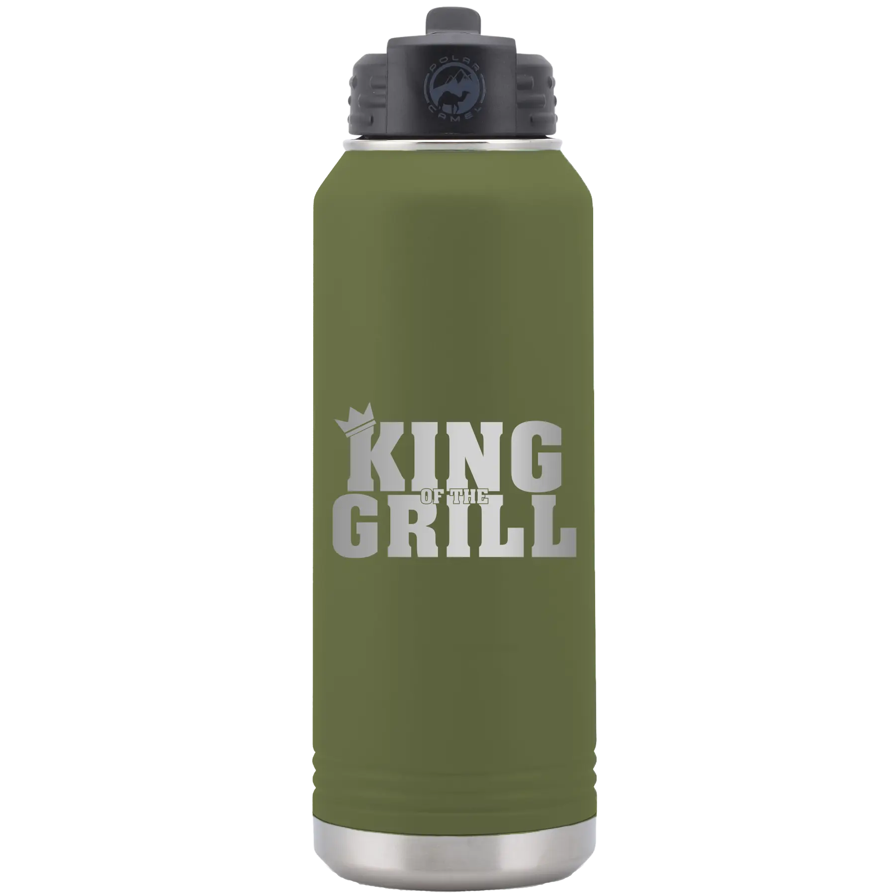 Laser etched olive green 32 oz vacuum insulated water bottle with 'King of the Grill' design